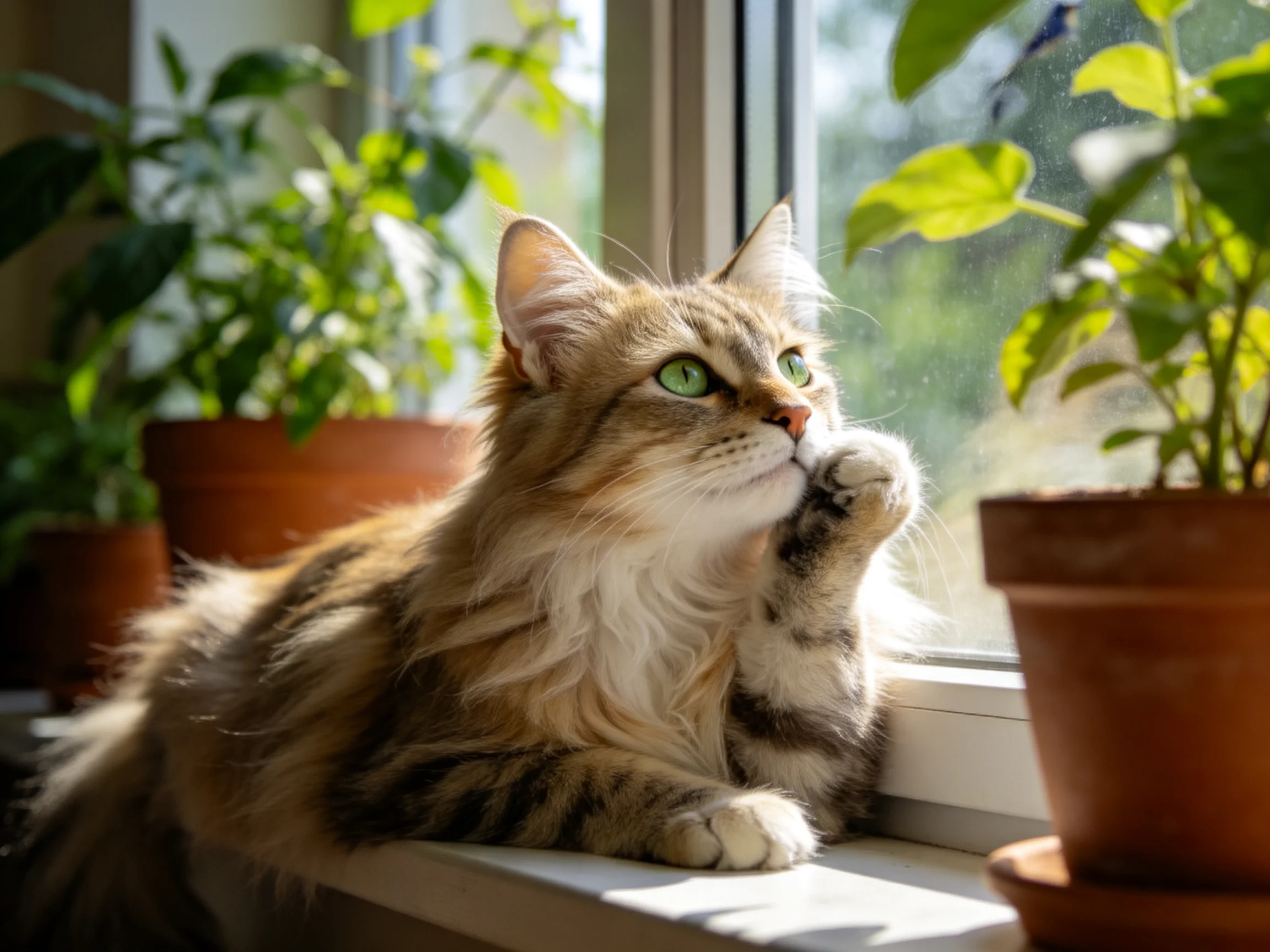 长毛虎斑猫有着蓬松柔软的皮毛和明亮的绿色眼睛,正用爪子轻触脸部,周围有盆栽植物。