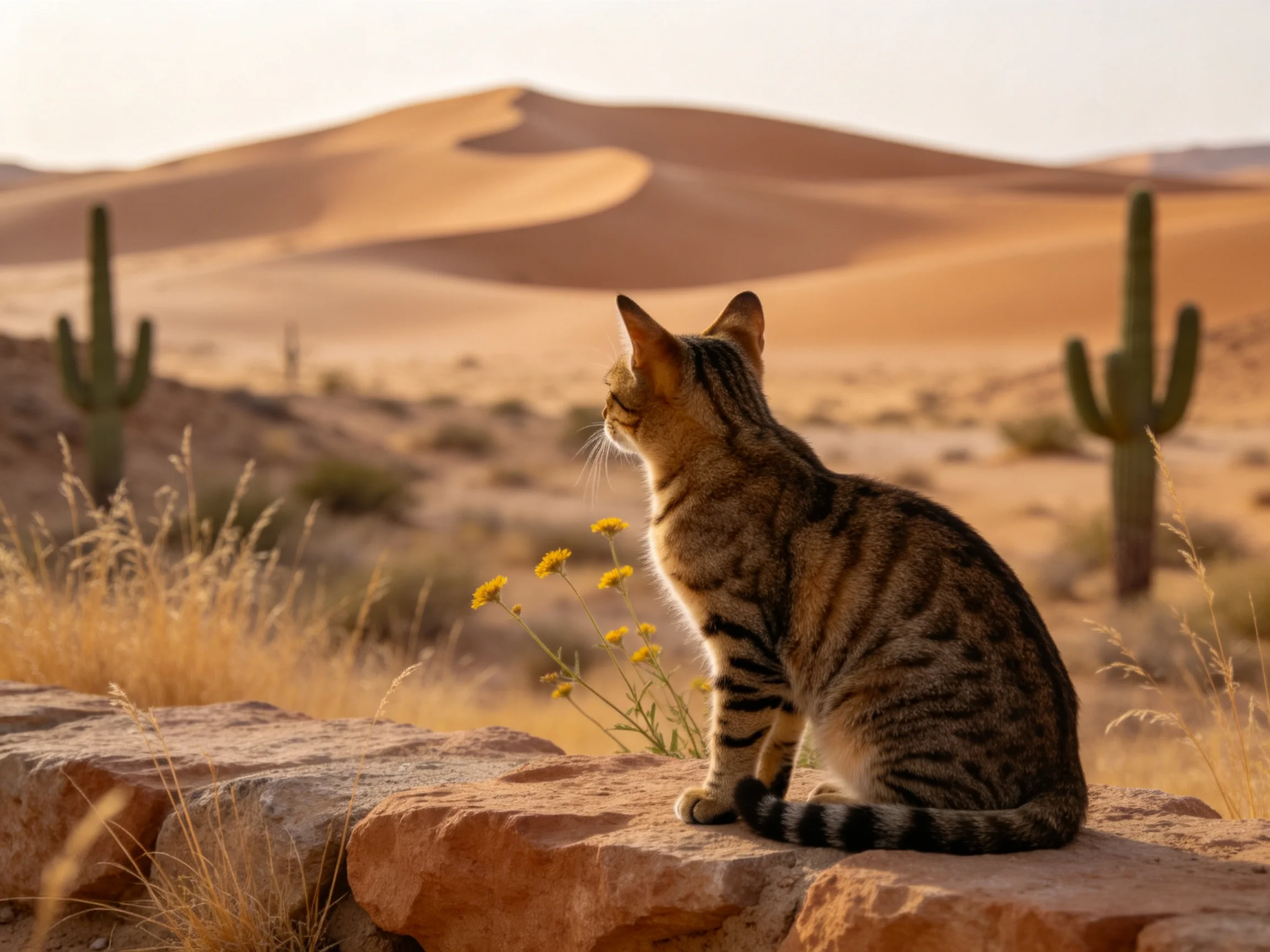 短毛虎斑猫正安静地坐在岩石上，棕黑色虎斑花纹清晰，目光注视着远处沙丘。