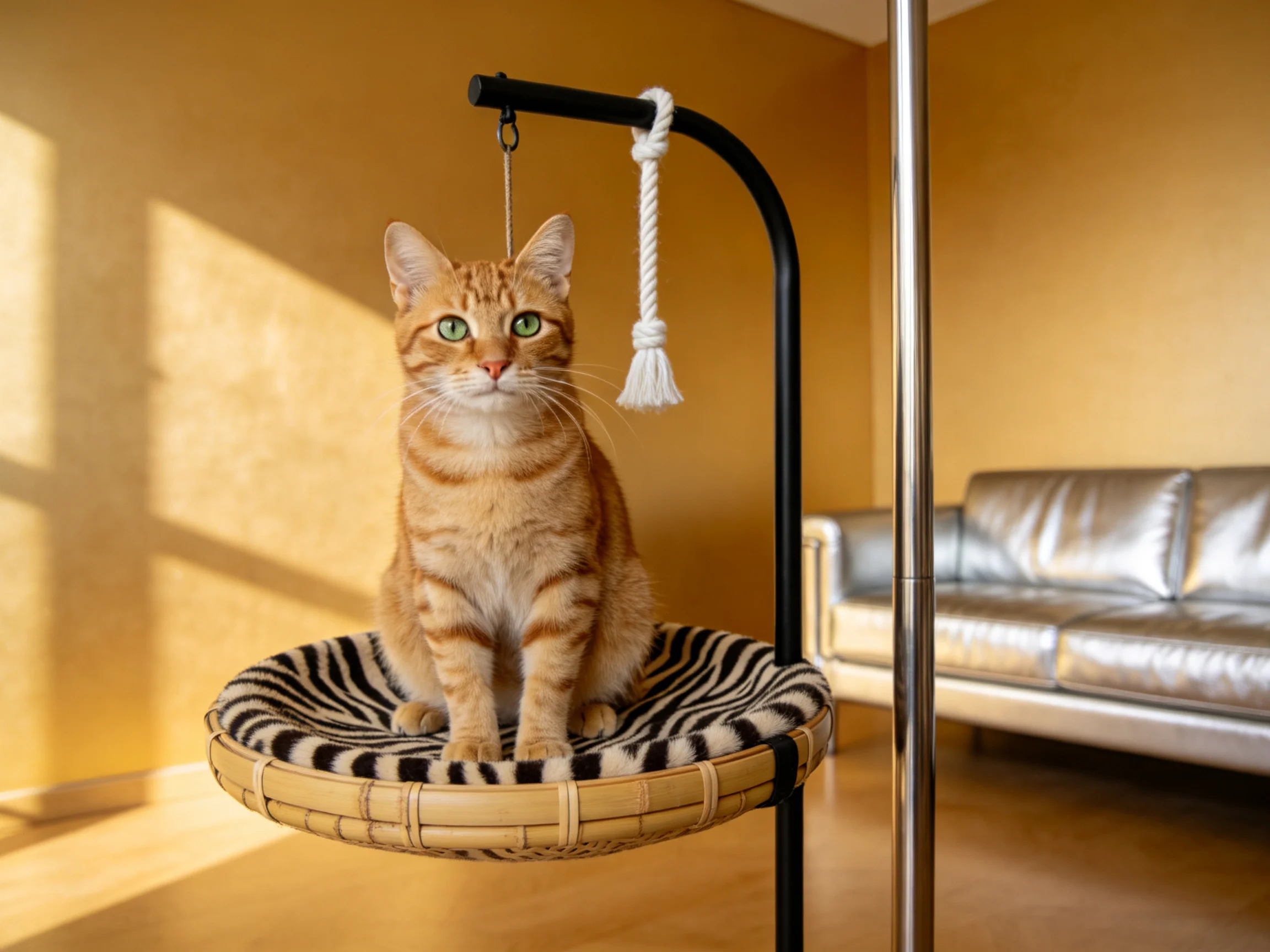 橘色短毛猫安静地坐在带有斑马纹图案的圆形吊篮上,明亮的绿色眼睛注视着前方,毛发柔软顺滑。