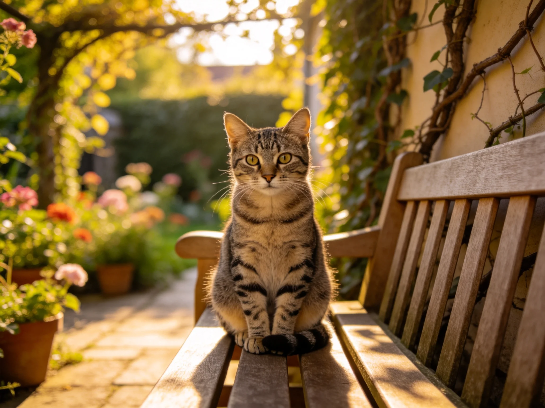 短毛虎斑猫正安静地坐在花园木制长椅上,皮毛带有典型条纹图案。