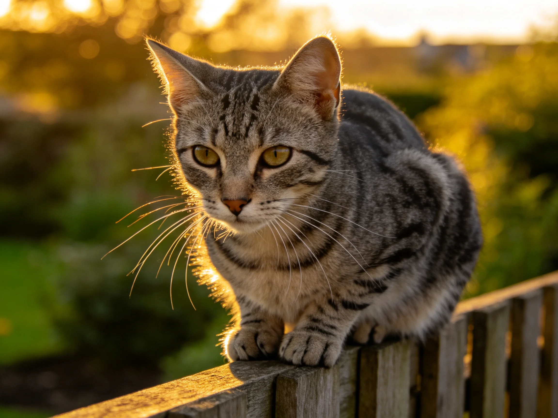 一只短毛虎斑猫趴在木栅栏上,眼睛明亮,灰黑色条纹毛发清晰可见。