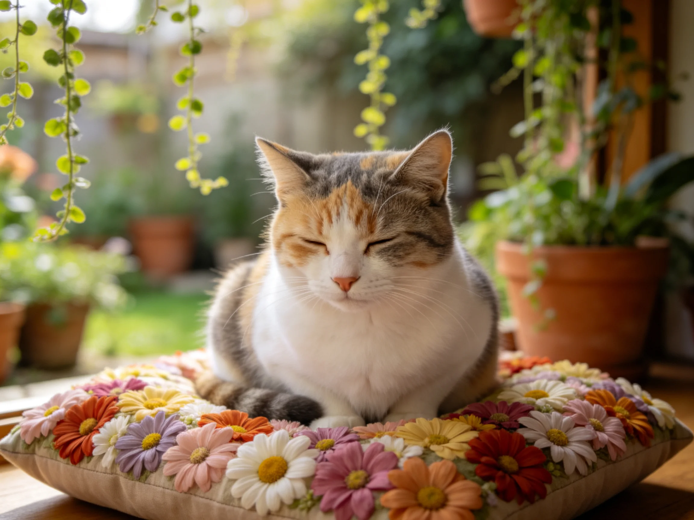 三色短毛家猫双眼轻闭坐在彩色花卉软垫上,毛发蓬松柔软,周围环绕着盆栽植物。
