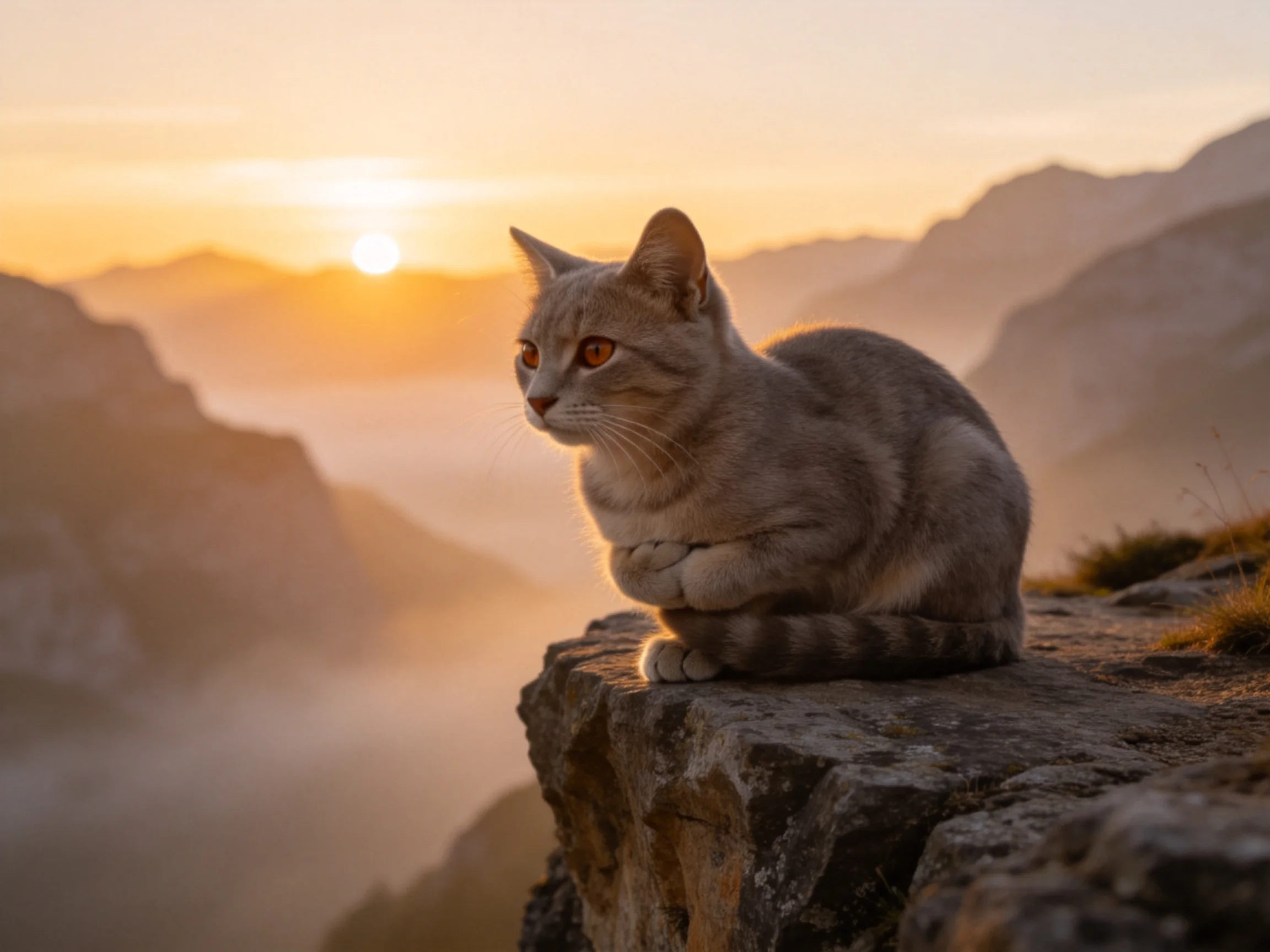 银虎斑短毛猫安静地坐在岩石边缘,浅灰色带深色条纹的皮毛在晨光下清晰可见,尾巴环绕身体旁。