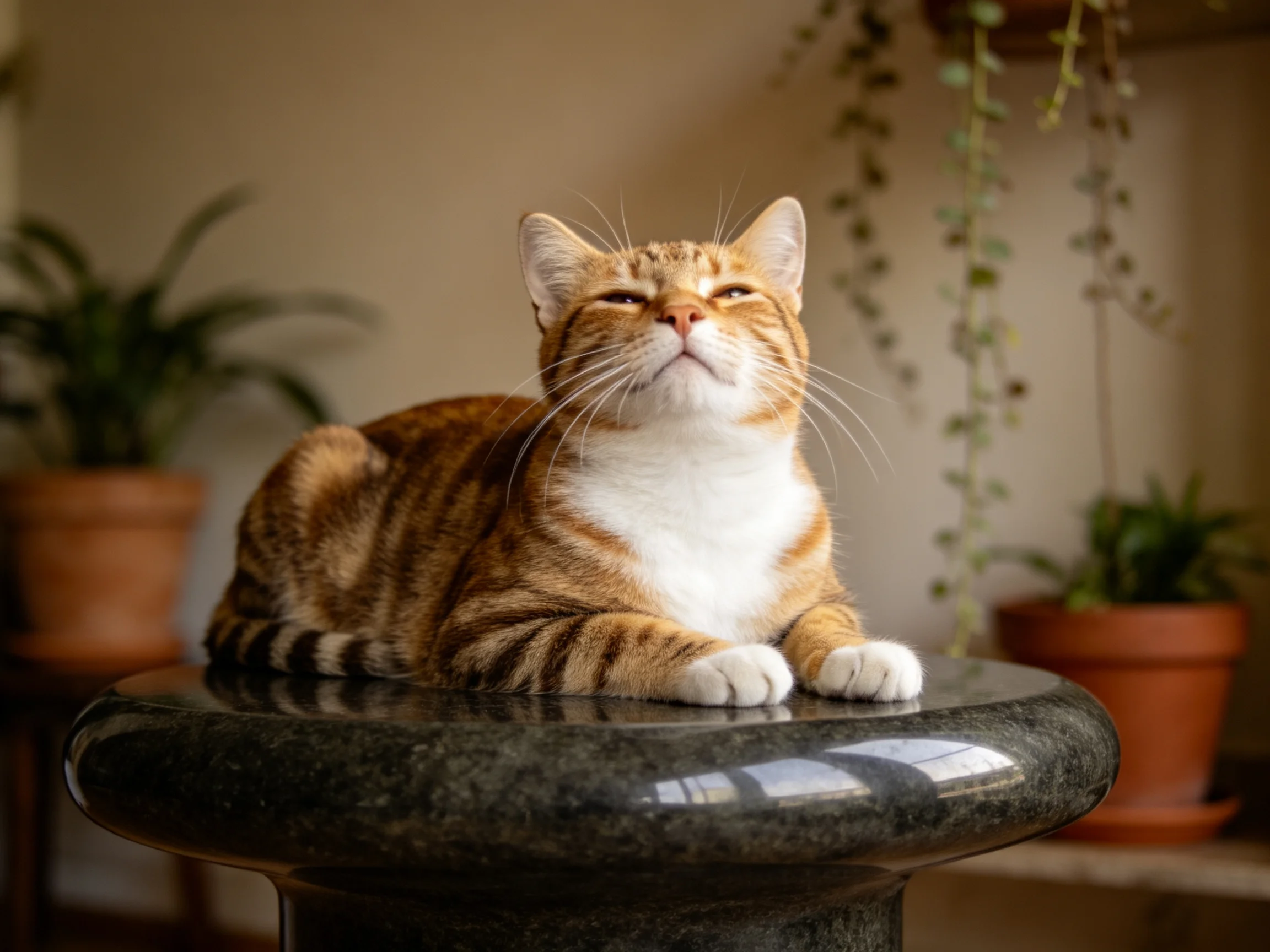 橙白相间短毛家猫趴在光滑深色石质平台上,白色胸部与橙色带纹毛发清晰可见。