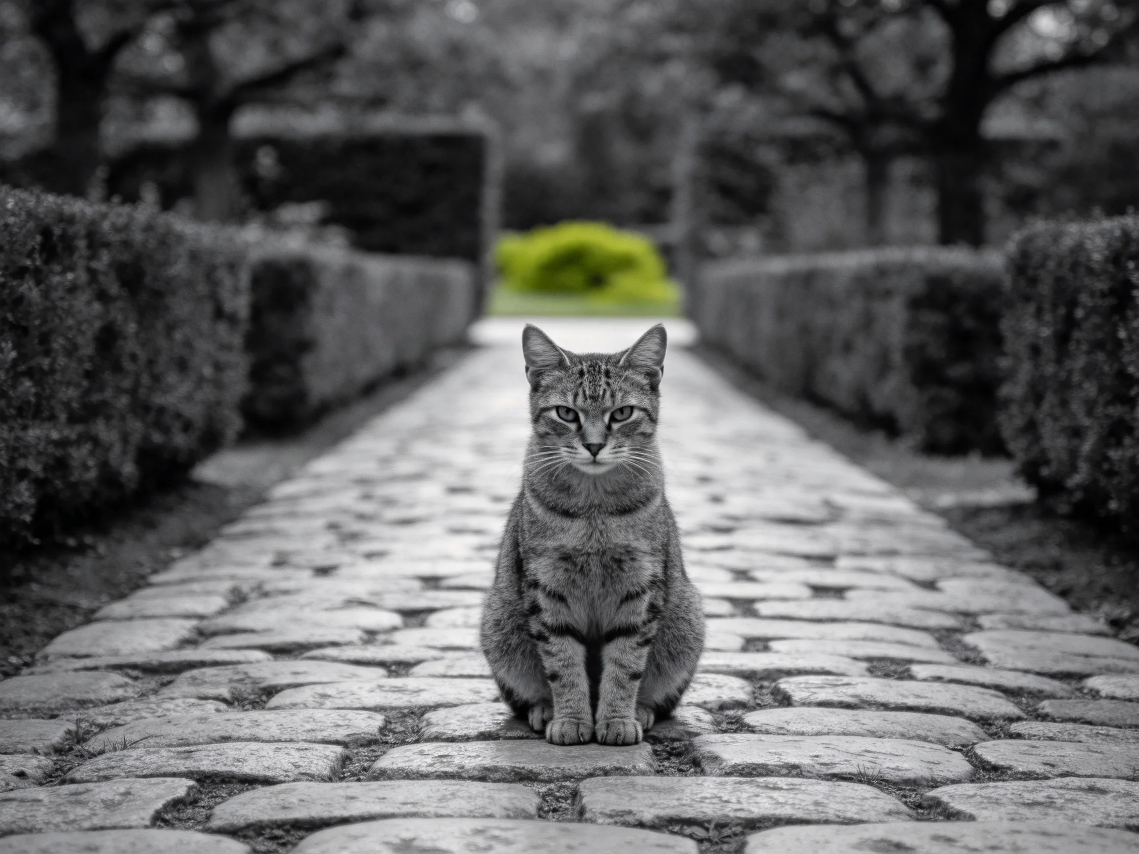 短毛斑纹猫安静地坐在石板路上，身上清晰的虎斑纹理和直视镜头的目光十分醒目。