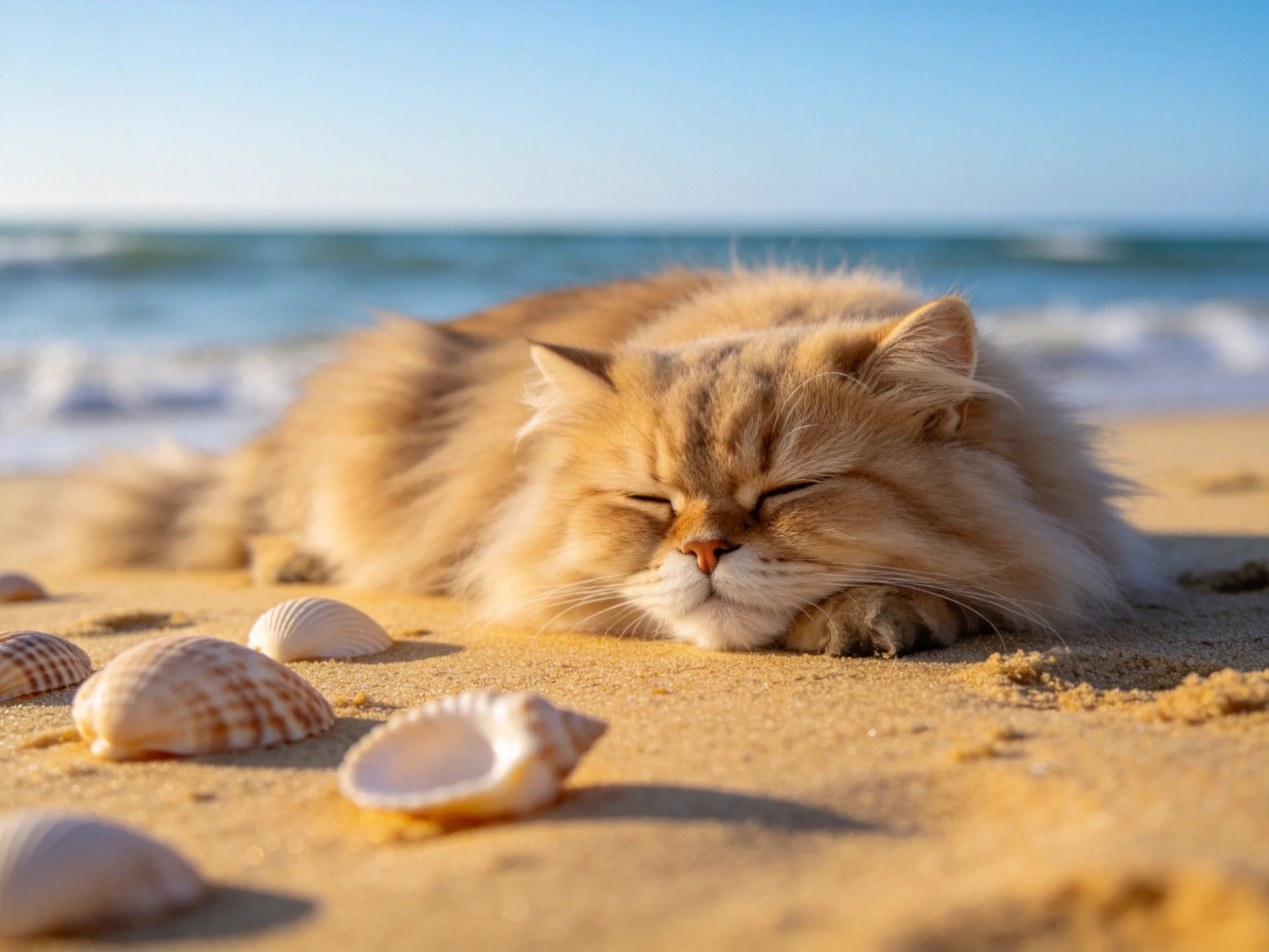 长毛橘猫闭着眼睛躺在沙滩上，橘色蓬松毛发贴在沙面上。