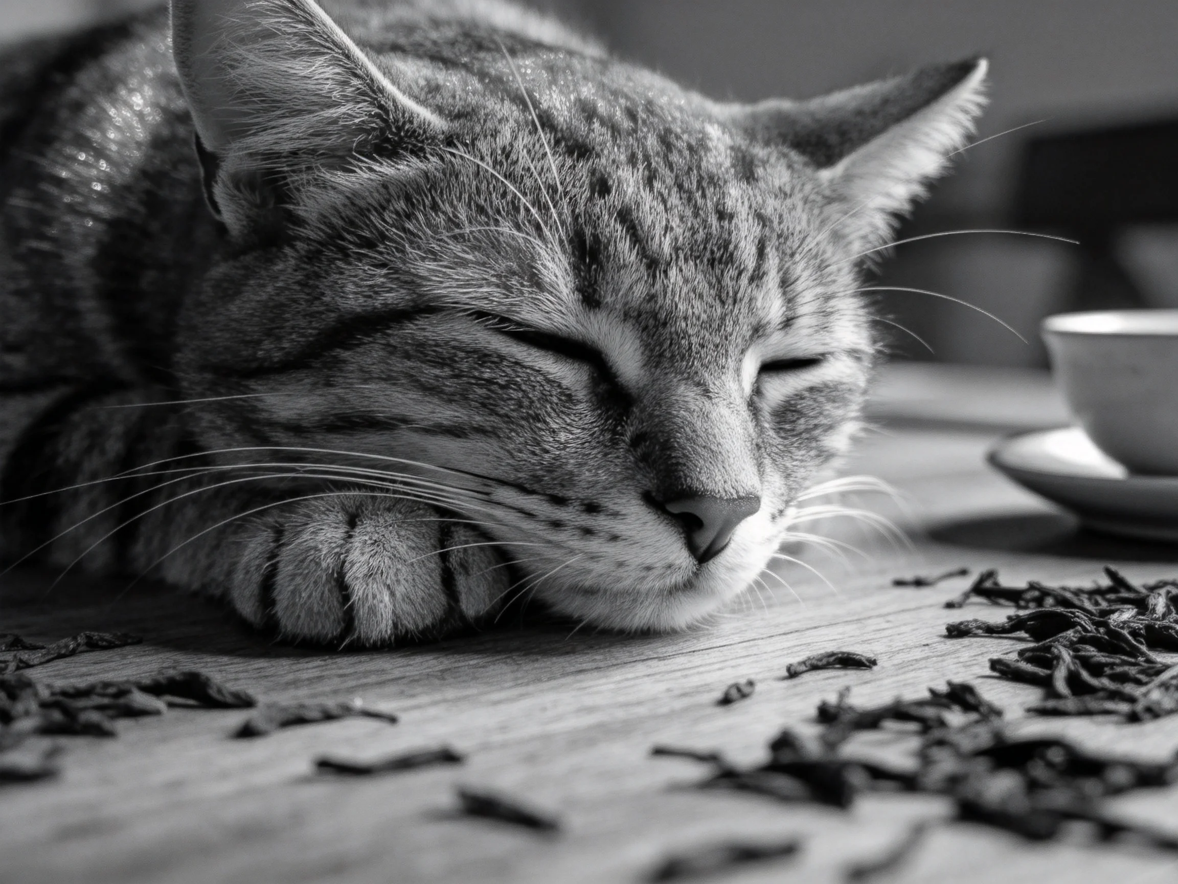 短毛虎斑猫双眼闭合趴在木质平台上，周围散落着茶叶碎屑。