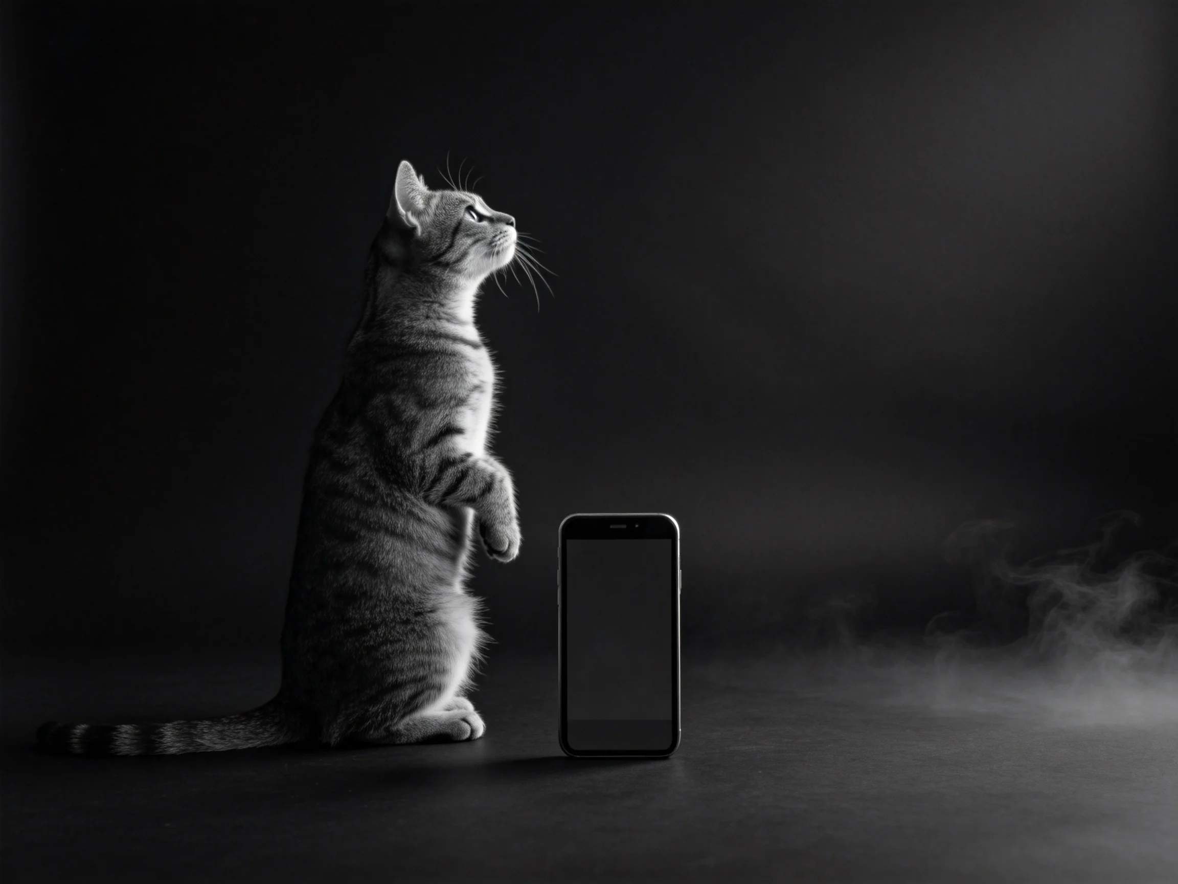 短毛虎斑猫站立姿态下,条纹皮毛在暗调背景下清晰呈现,身旁智能手机的简洁造型与之形成鲜明对比。