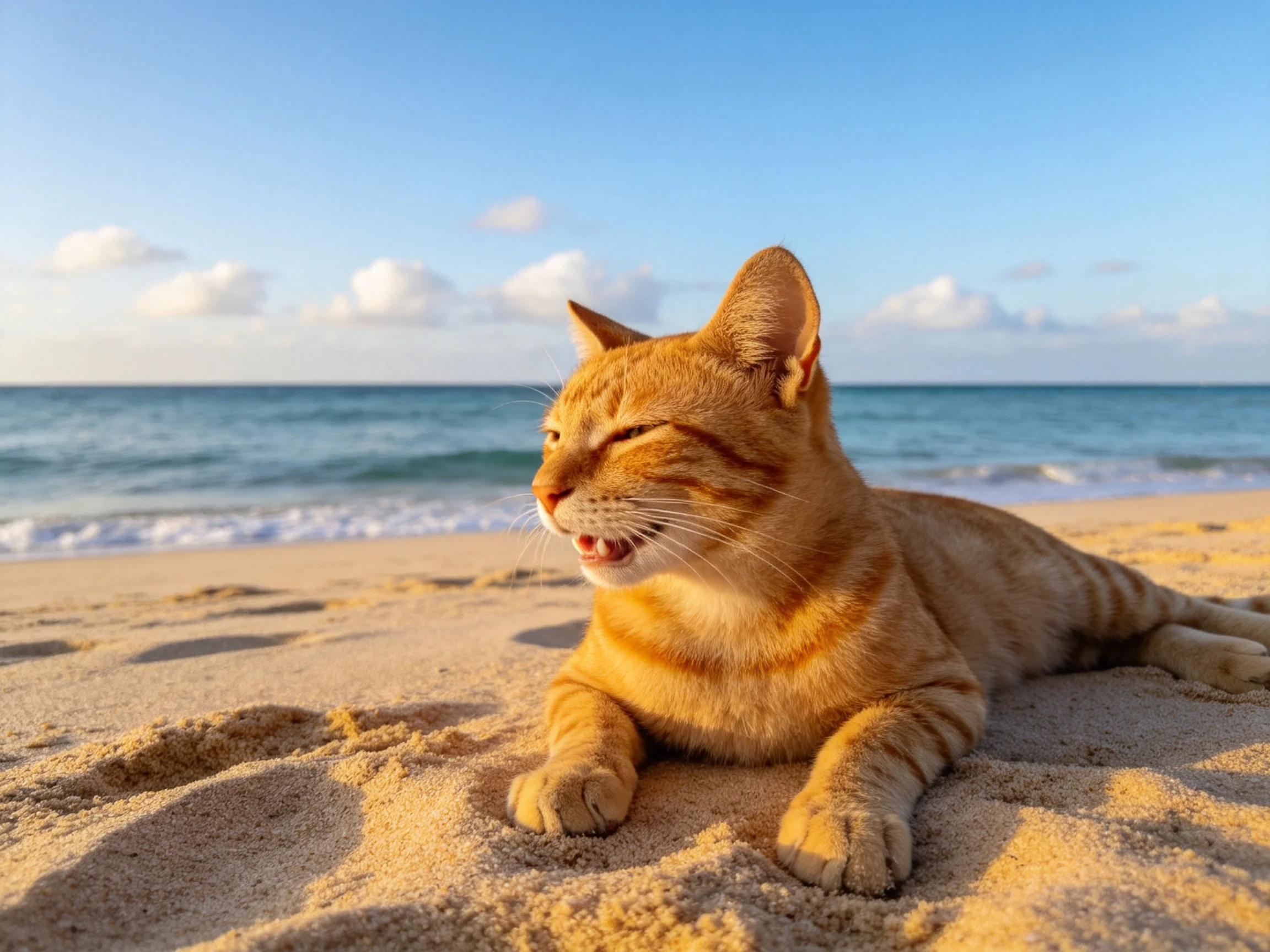 橘色短毛猫趴在沙滩上,金棕色皮毛在阳光下泛着光泽,嘴巴微张,沙滩纹理清晰可见。