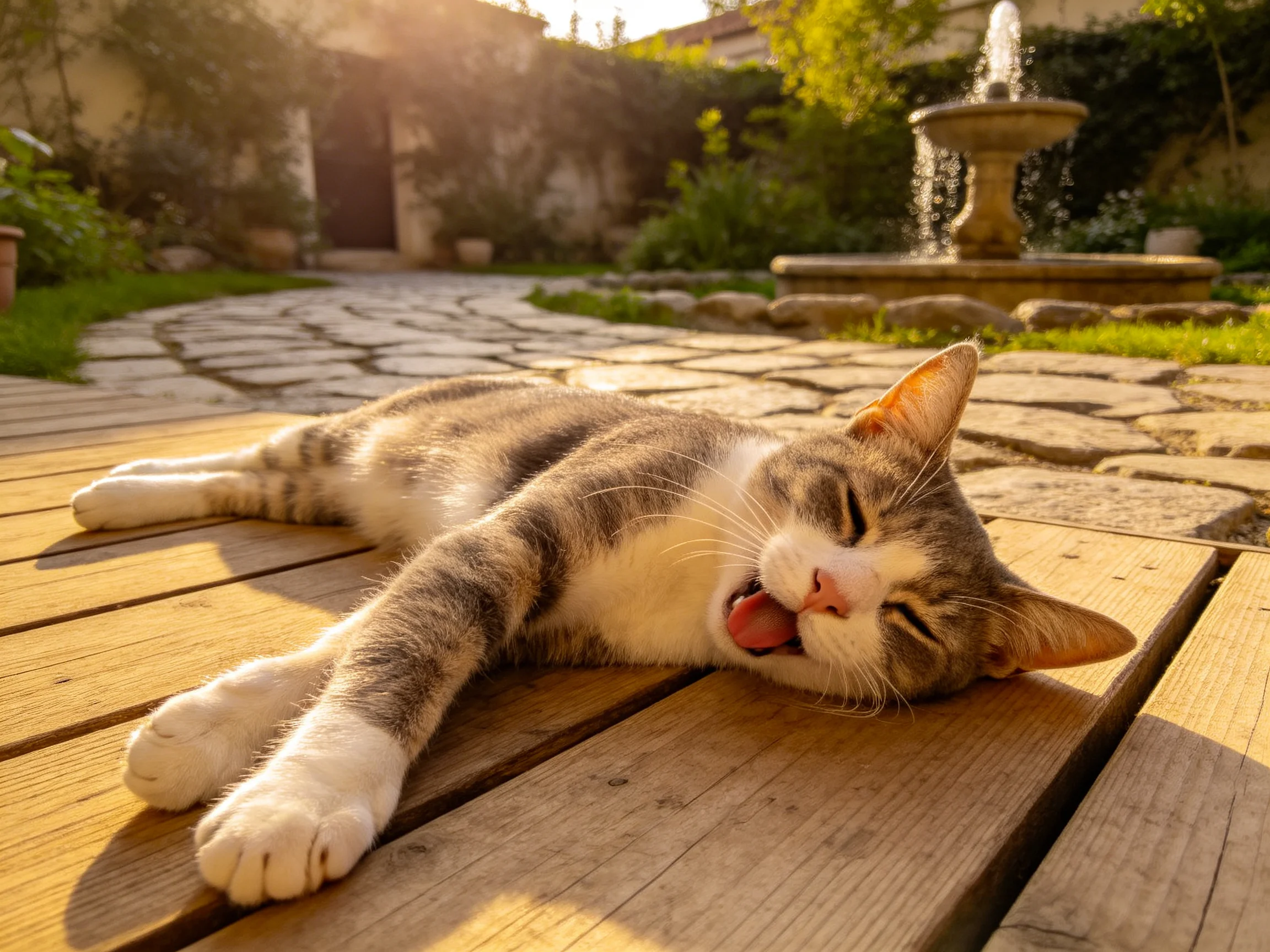 一只灰白相间的短毛家猫正躺在木质平台上,毛发柔软贴附在木质表面,姿态放松。