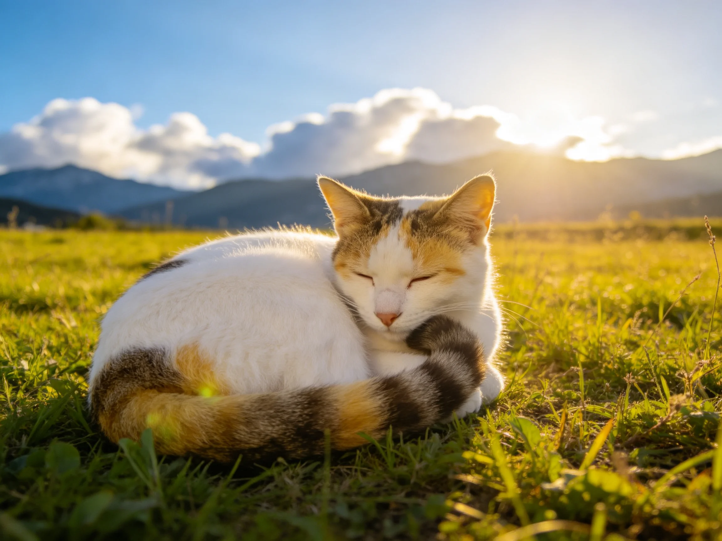 三色短毛家猫蜷缩在草地上,毛发有白色、橘色和黑色相间的斑纹,尾巴环绕身体。