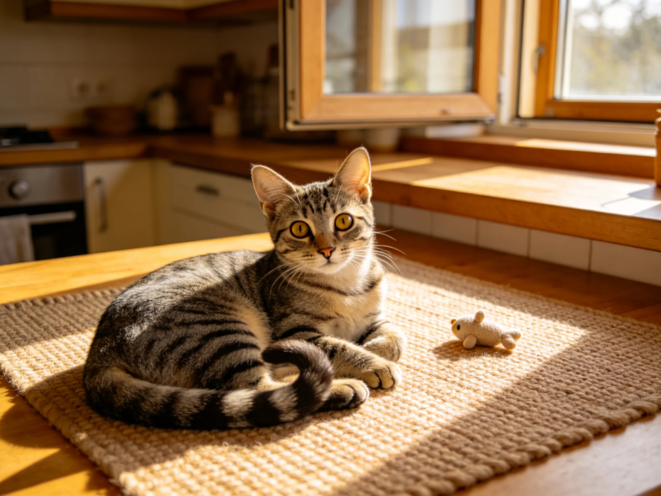 短毛虎斑猫安静趴在编织垫上,黄色眼睛明亮,身旁放置着小型玩偶,阳光照射下虎斑纹路清晰可见。