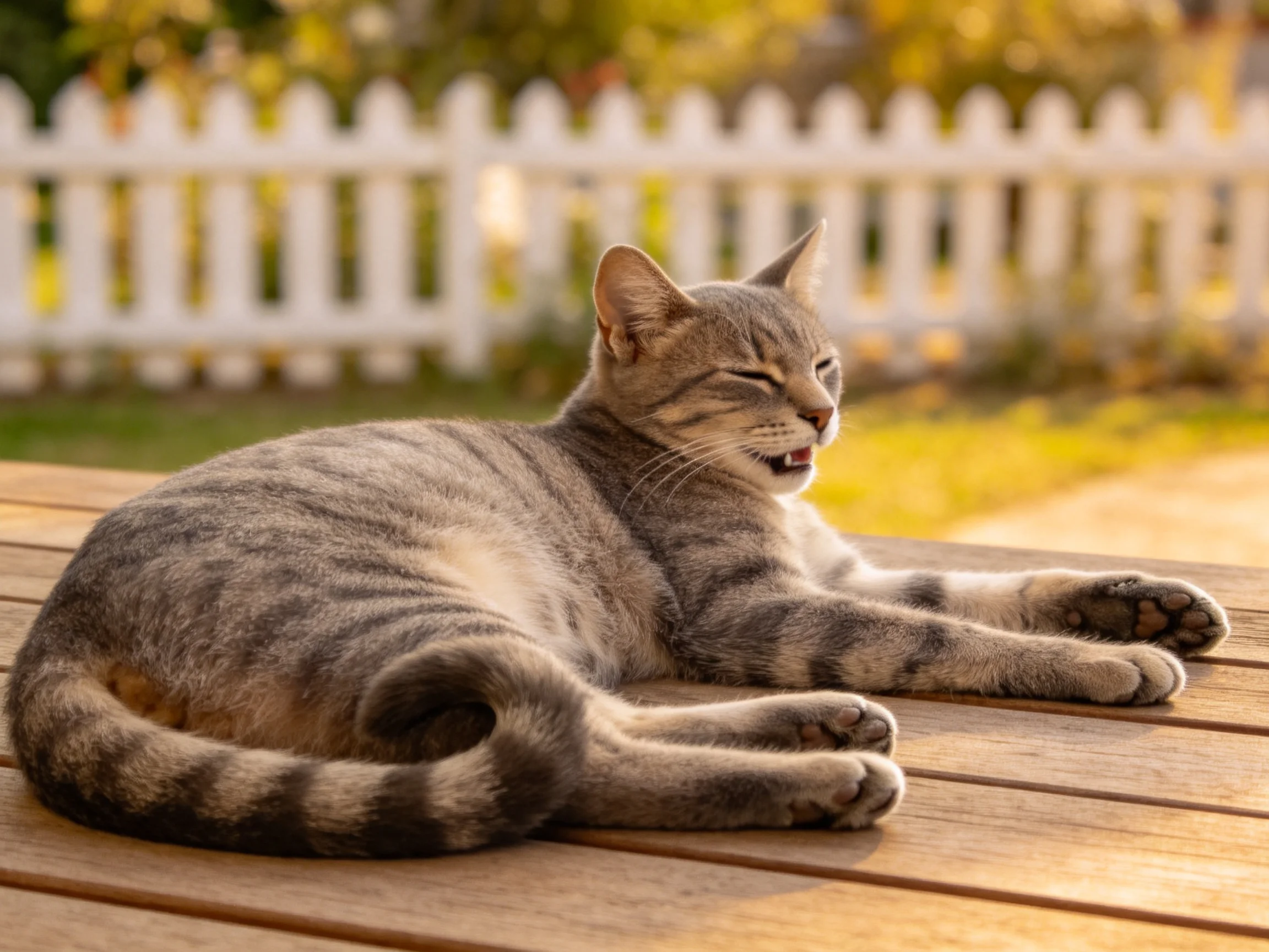 短毛虎斑猫趴在木平台上，灰黑相间的条纹毛发清晰，姿态放松。