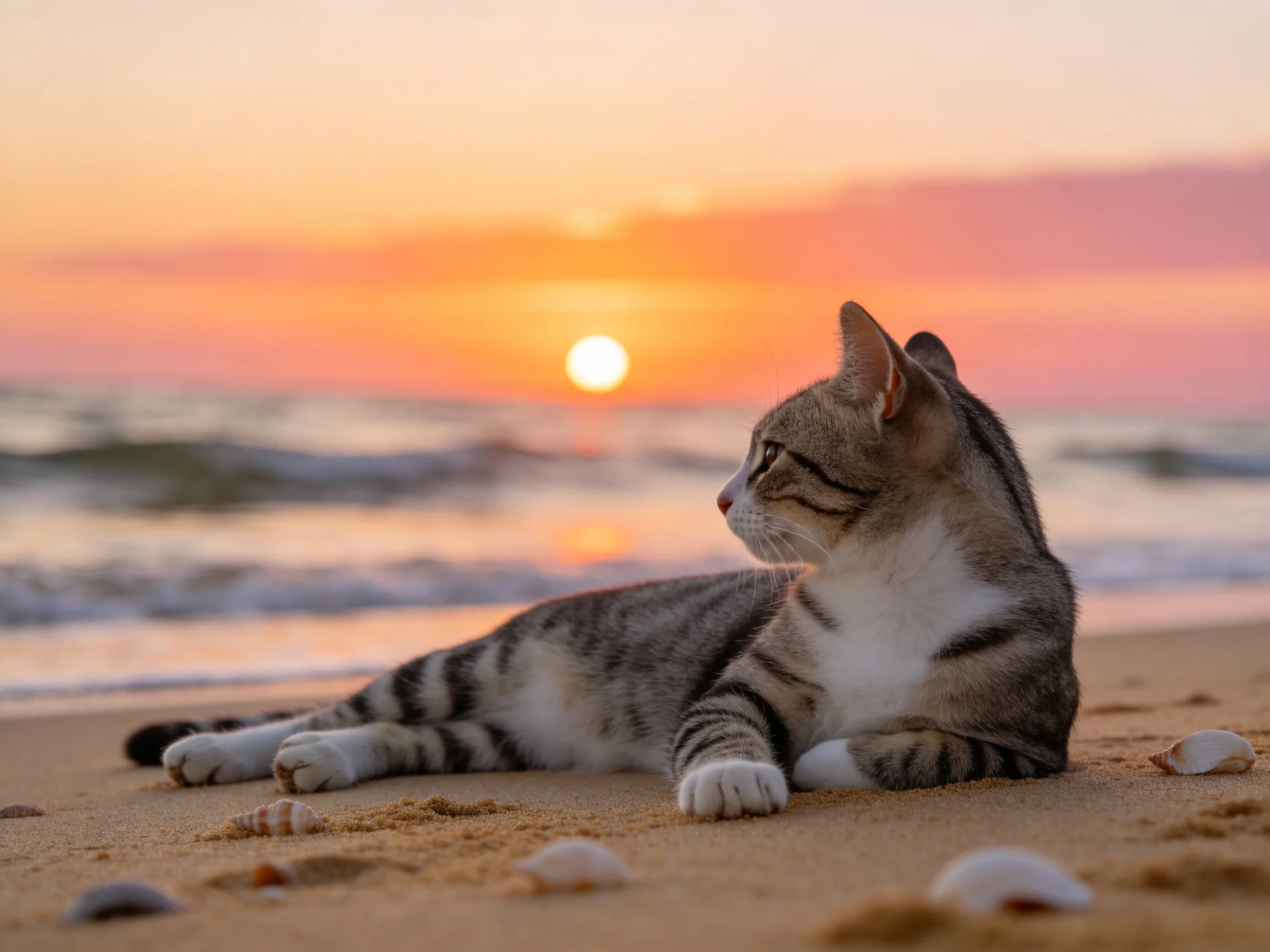 海滩日落下的短毛家猫,灰黑色虎斑纹毛发顺滑贴附于身躯之上。