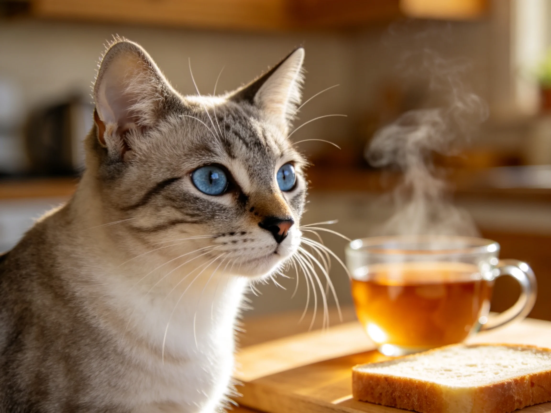 暹罗猫有着澄澈蓝色眼眸,短而顺滑的被毛,正专注凝视前方,身旁冒着热气的茶杯清晰可见。