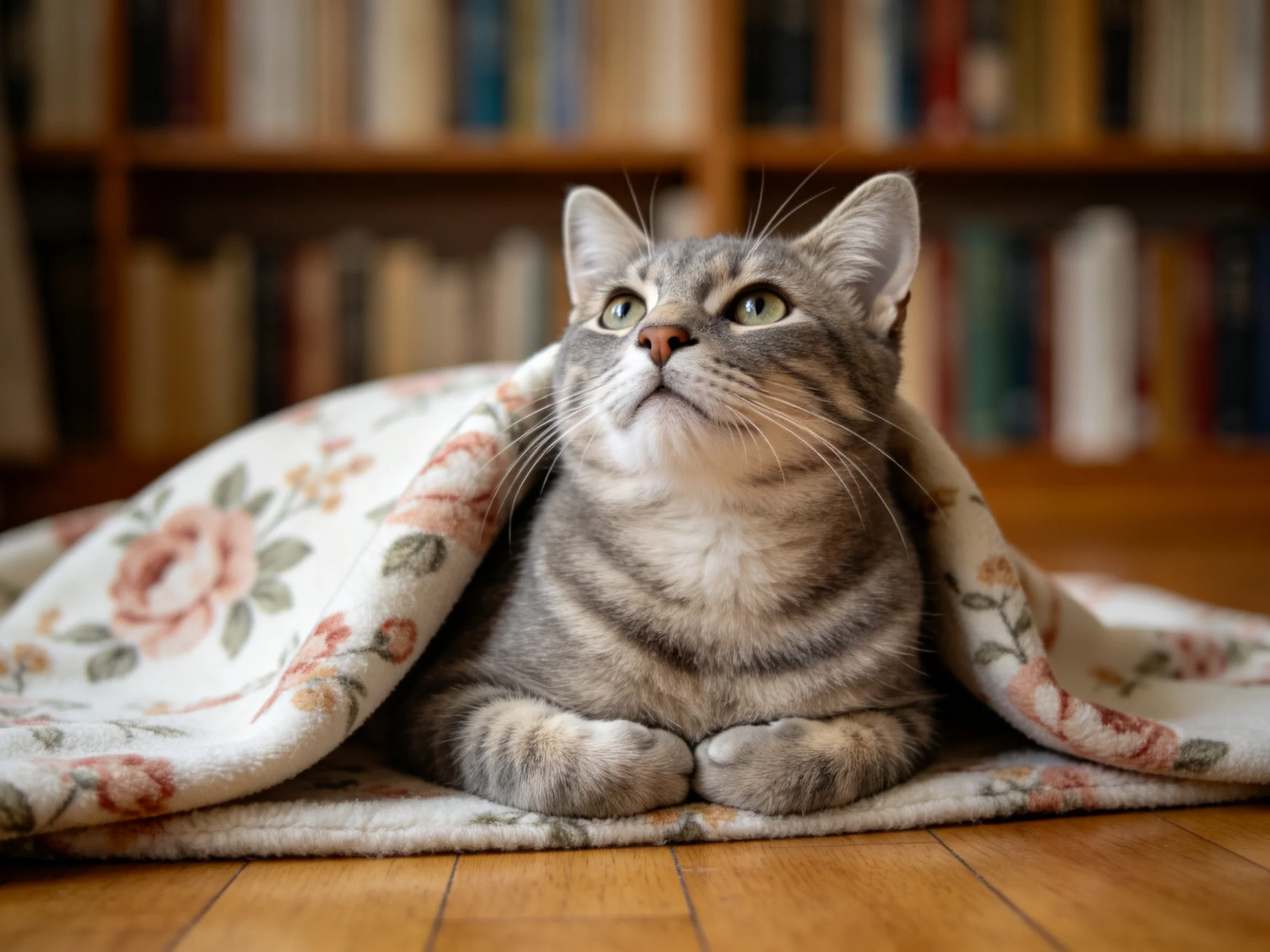 灰虎斑短毛猫,绿色眼睛注视上方,身体裹在带有花卉图案的毯子里,姿态安静警觉。