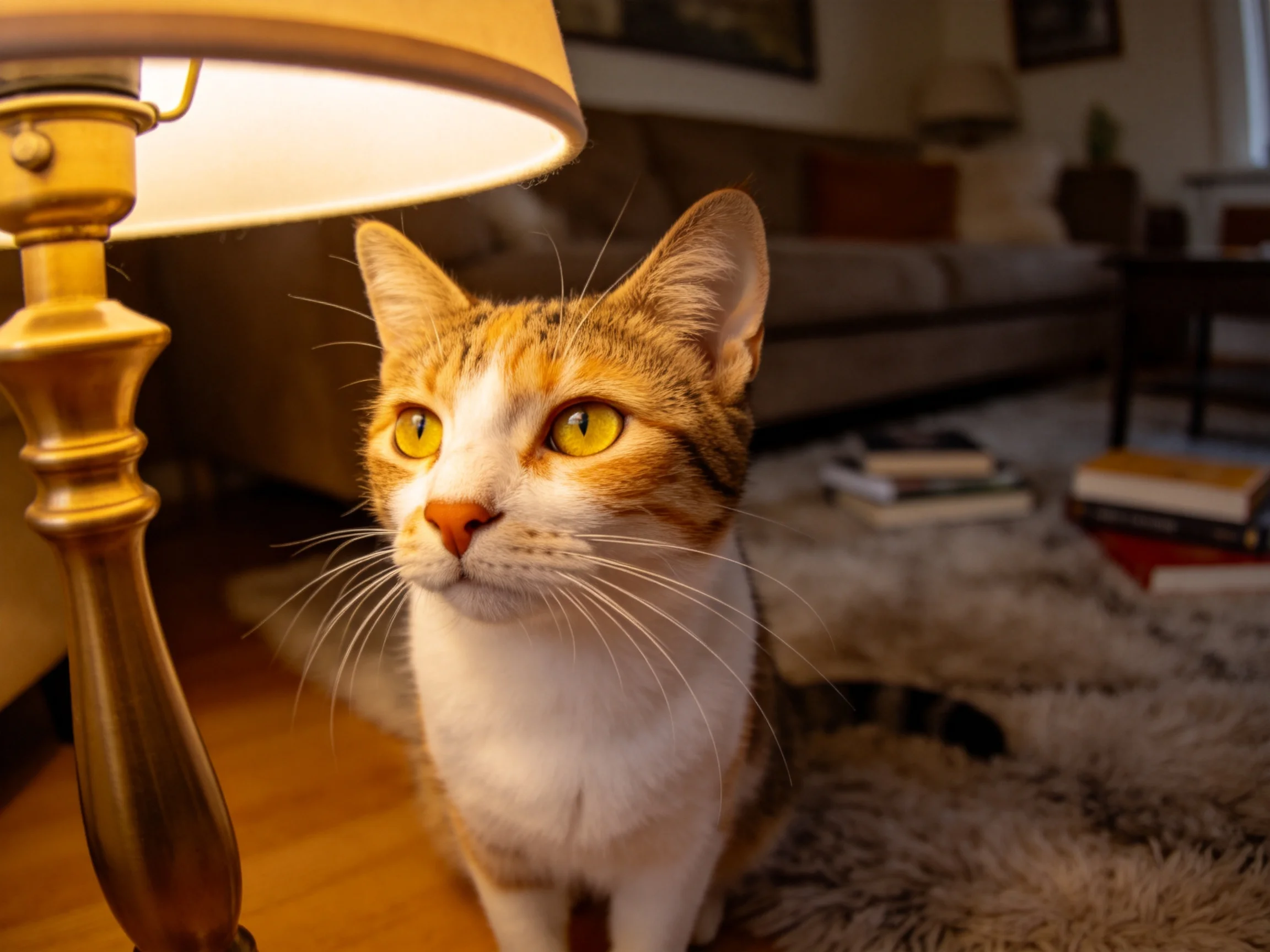 三色短毛猫黄色眼睛明亮,毛发柔软贴身,处于室内暖光照明环境中。