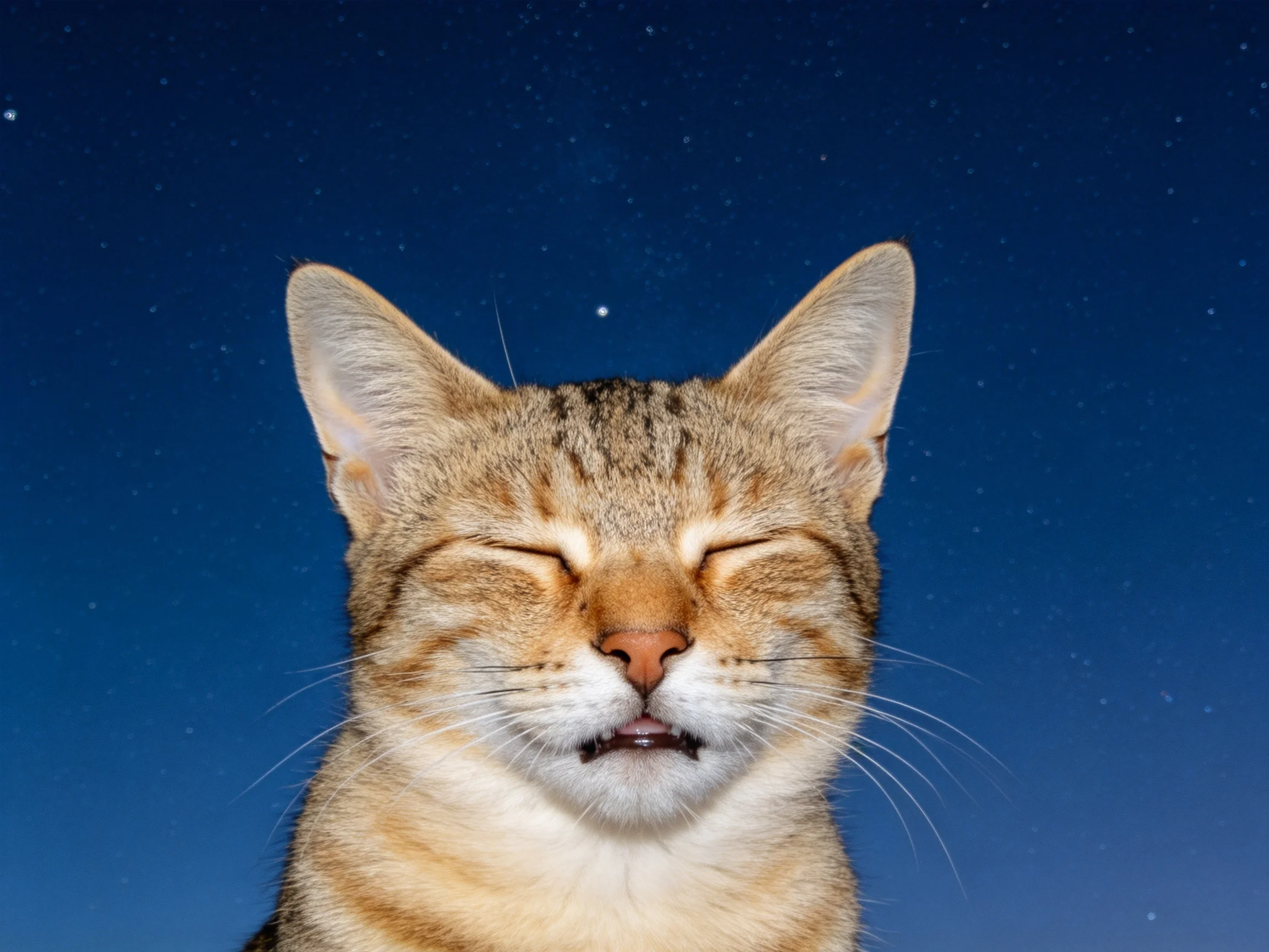 短毛家猫双眼闭合,嘴巴微张,背景为星空效果,胡须细长柔软。