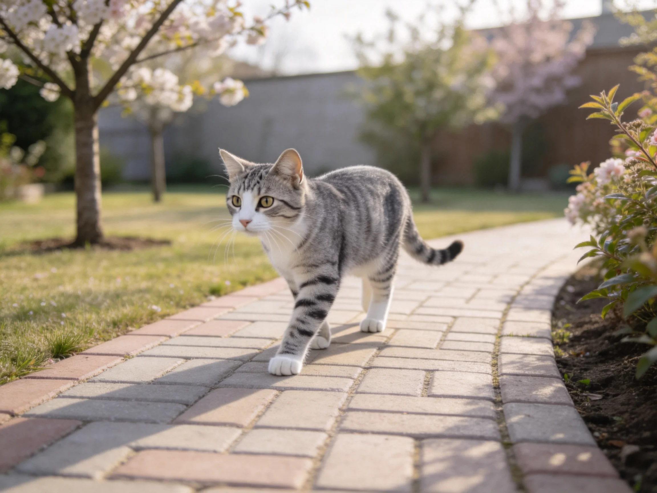 一只灰纹短毛家猫,白色爪部清晰,在砖石小径上行走。