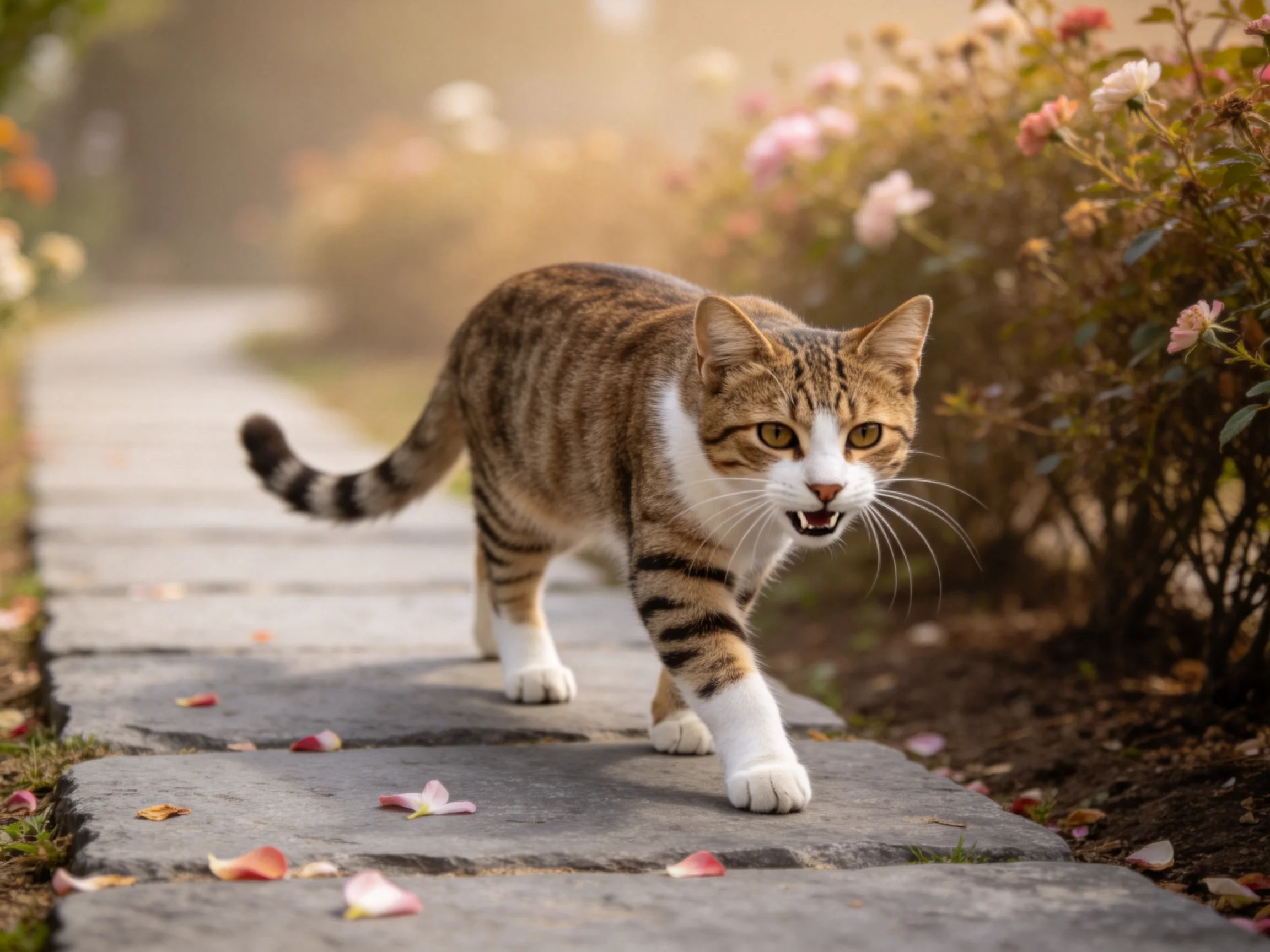短毛虎斑猫在花园石板路上行走,白色爪子与带有黑色条纹的暖棕色皮毛形成鲜明对比。