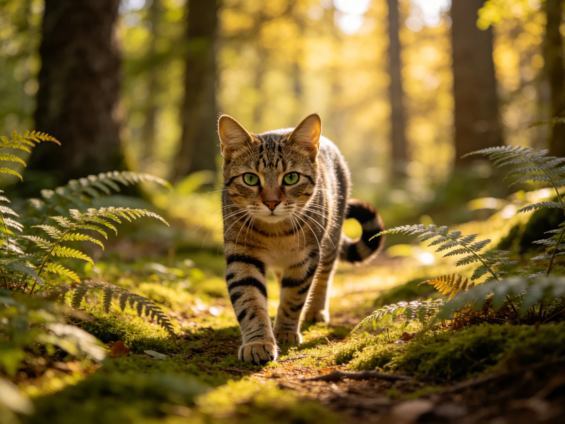 一只短毛虎斑猫在森林小径上行走，它有着清晰的虎斑纹理和绿色眼睛，爪子踩在青苔地面上。