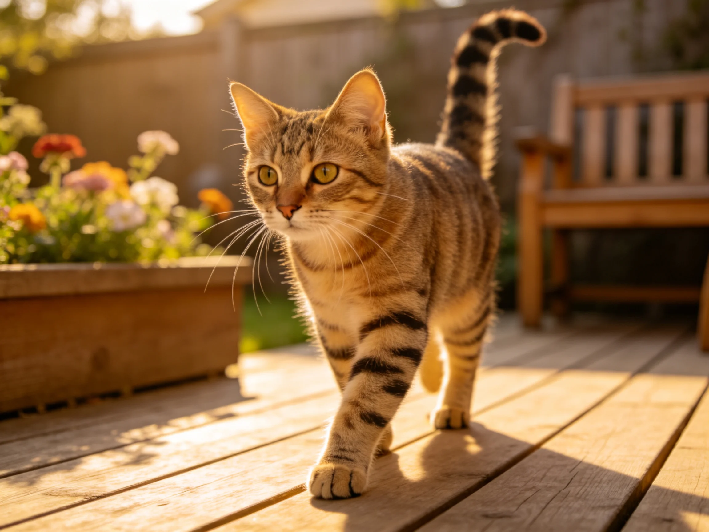 短毛虎斑猫在露天平台上行走,皮毛上的条纹清晰可见。