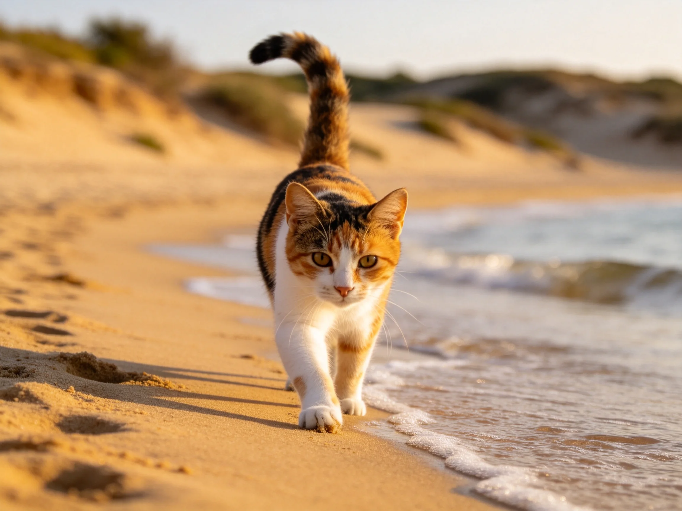 一只三色短毛家猫,有着黑白橙相间的被毛,正沿着海滩沙滩行走,爪子接触湿润沙面。