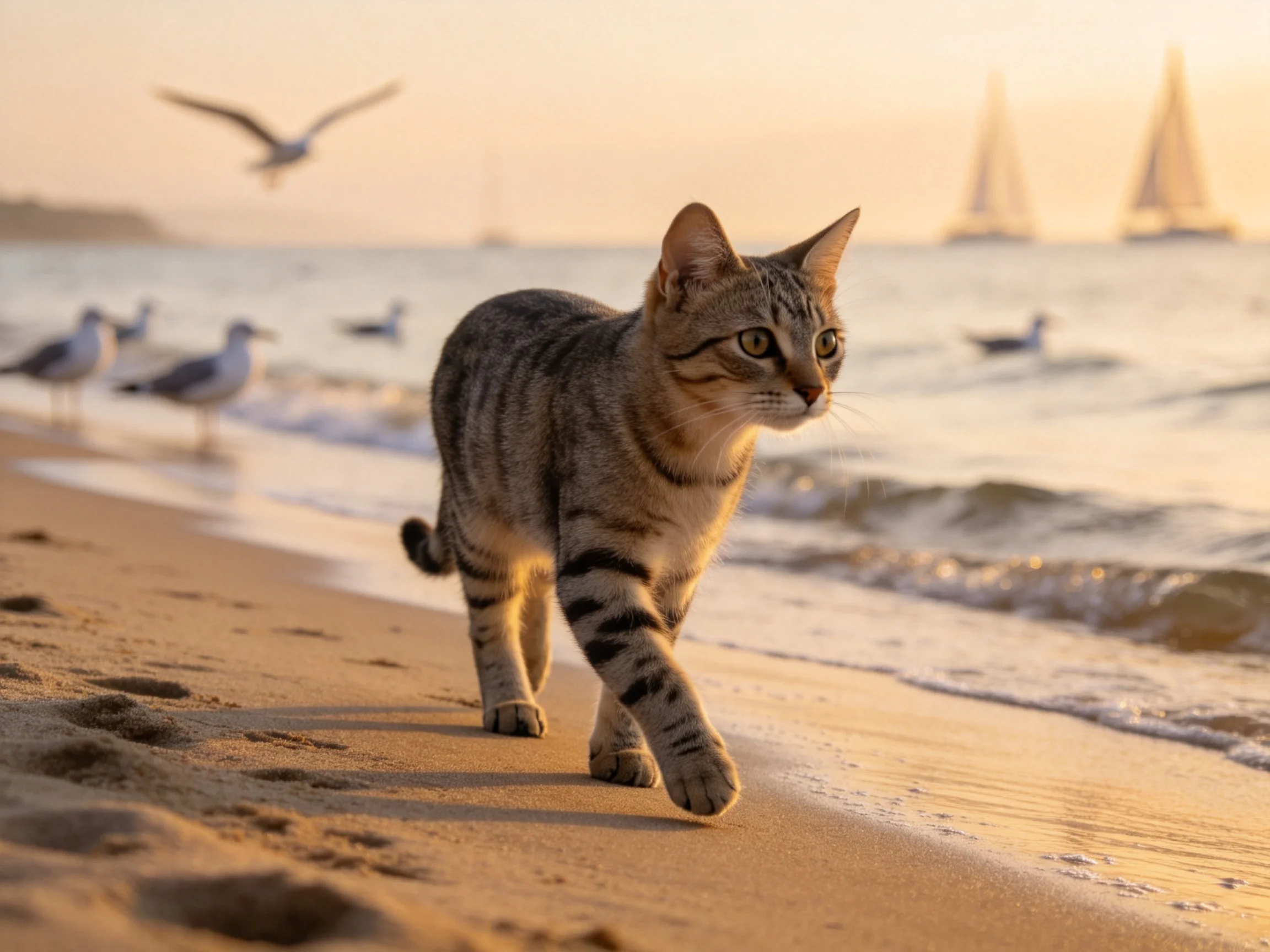 短毛虎斑猫在海滩上行走,身上虎斑纹理清晰,夕阳照亮了它的毛发与周边的海岸风光。