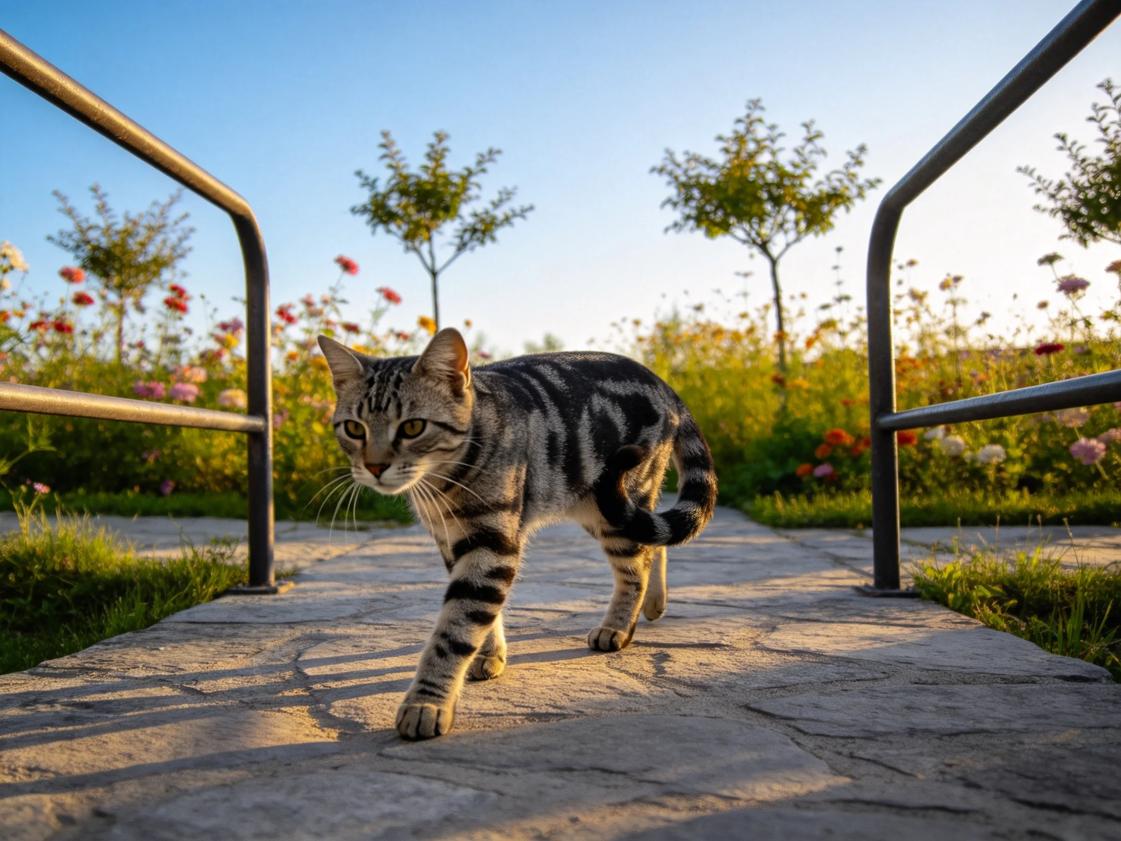 短毛虎斑猫在石板路上行走,身上布满黑灰相间的经典虎斑纹,阳光照亮了它的毛发和面部特征。