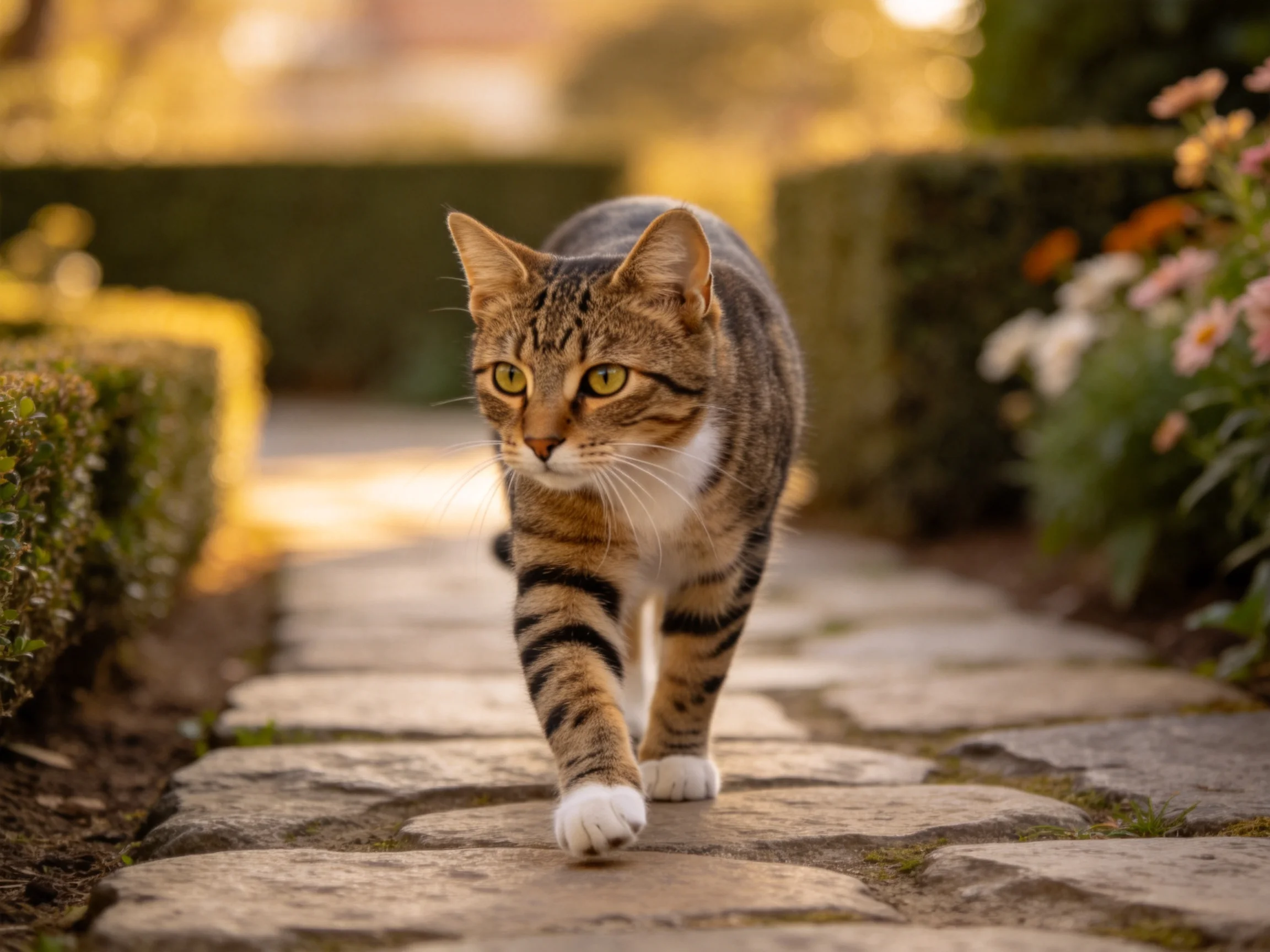 短毛虎斑家猫在石板路上行走,白色爪子和棕黑相间的条纹清晰可见。
