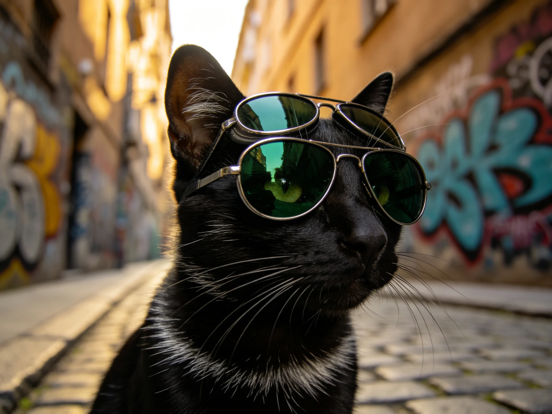短毛家猫戴着绿色太阳镜，皮毛光滑，站在涂鸦小巷中。
