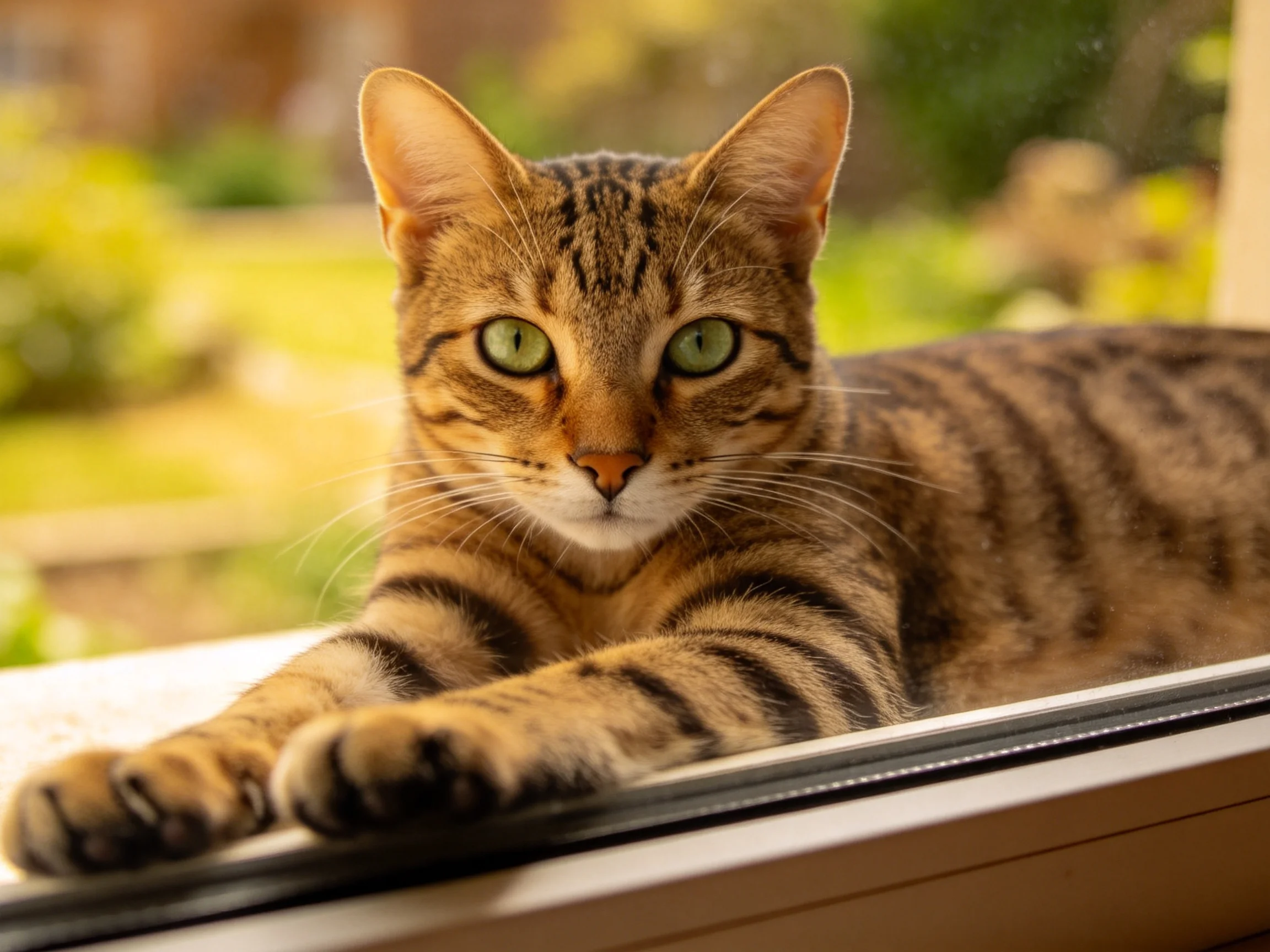 一只斑纹短毛猫趴在窗台上,拥有清晰虎斑纹理和绿色眼睛,前爪伸展在窗沿处。