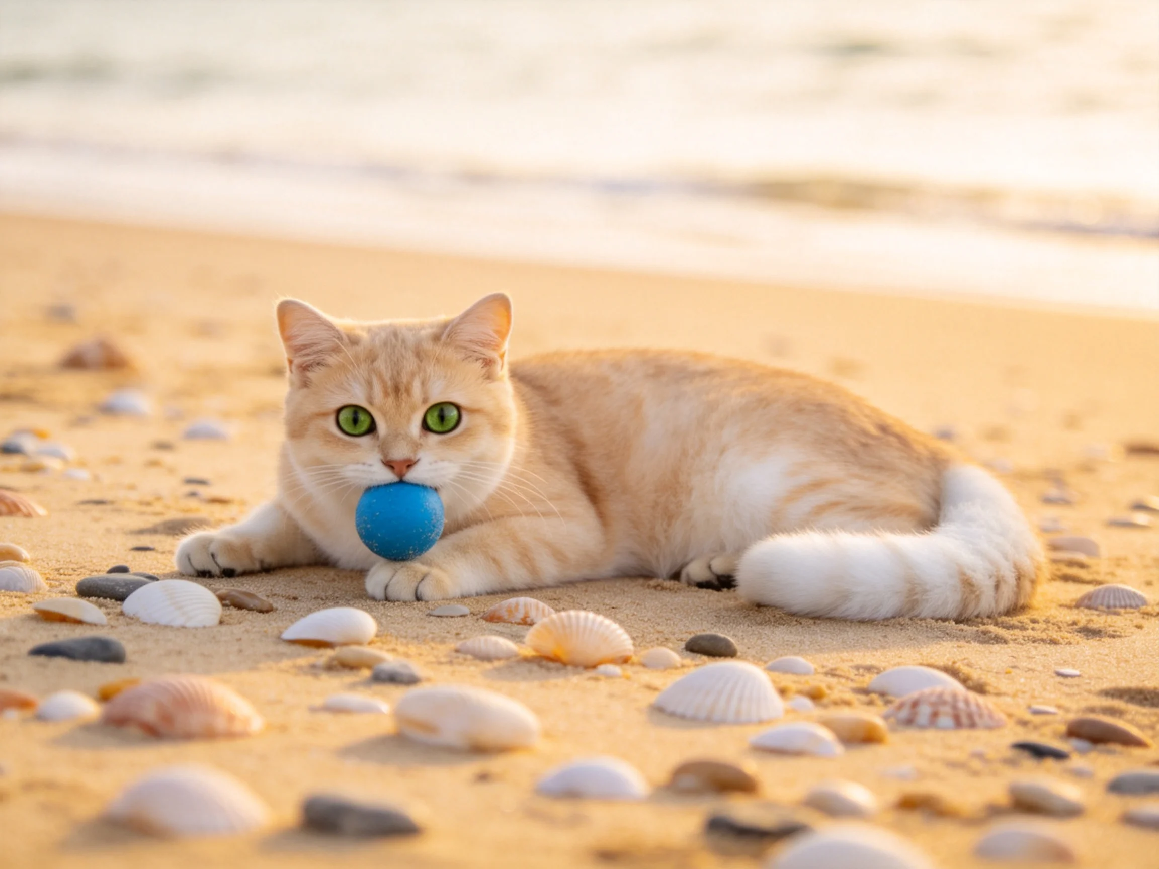 一只橘色短毛猫正趴在沙滩上,嘴里叼着蓝色玩具,周围散落着各种形态的贝壳。