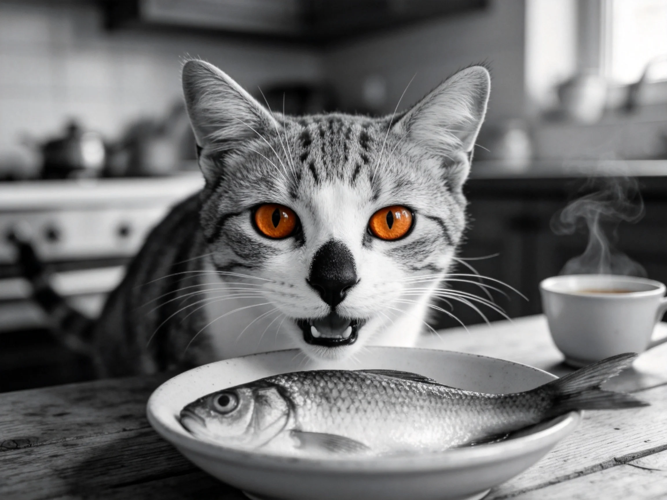 短毛虎斑猫注视碗中整条鱼,橙黄色眼睛明亮,虎斑纹理清晰可见。