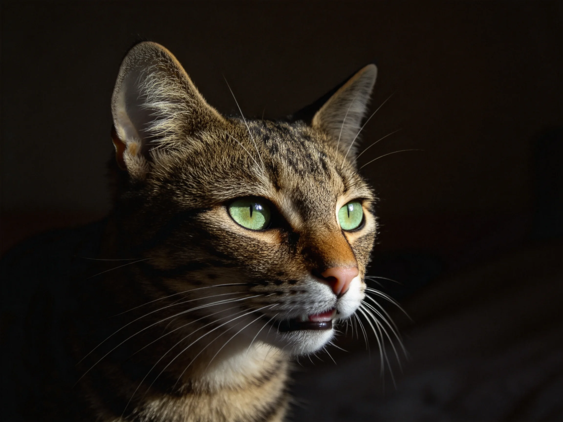 短毛斑纹猫拥有明亮的绿色眼睛,鼻尖处的皮肤柔软且有细微的光泽感。