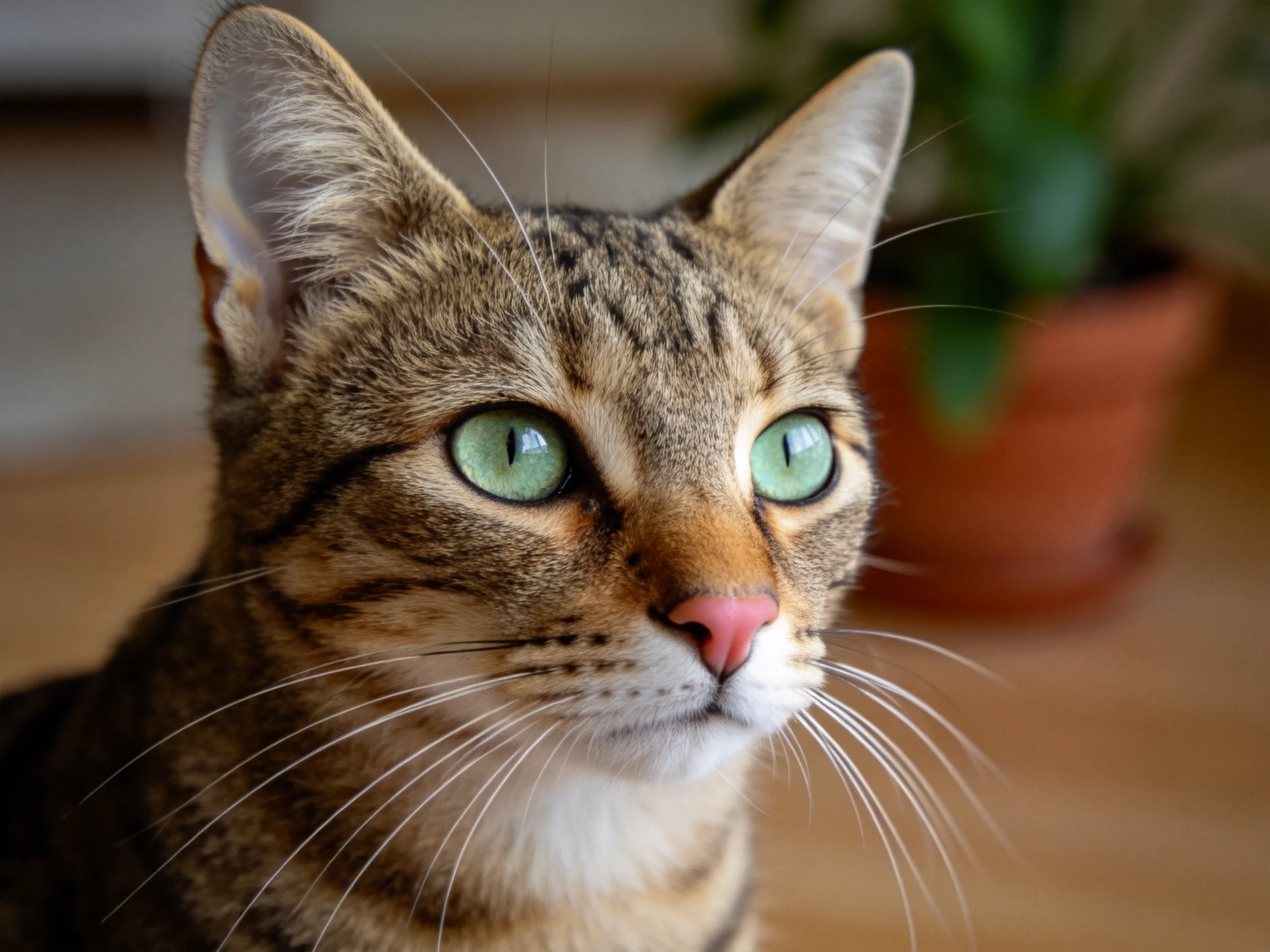 虎斑纹短毛猫有着明亮的绿色眼睛,毛发呈现出典型的虎斑纹理,胡须修长,正安静地注视着前方。