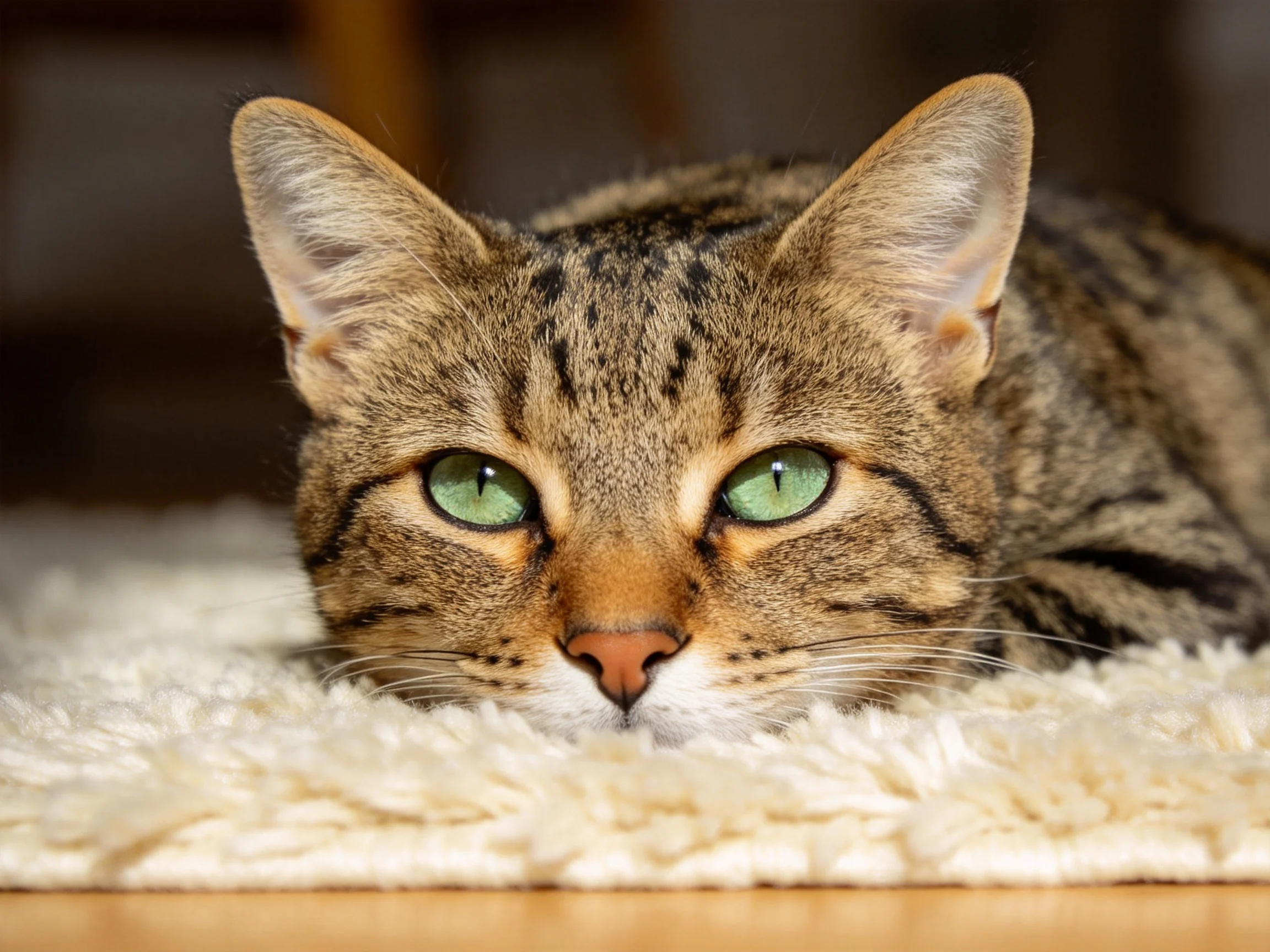 虎斑纹短毛猫有着明亮的绿色眼睛,正安静地趴在柔软的毛毯上,短而密的被毛清晰可见。