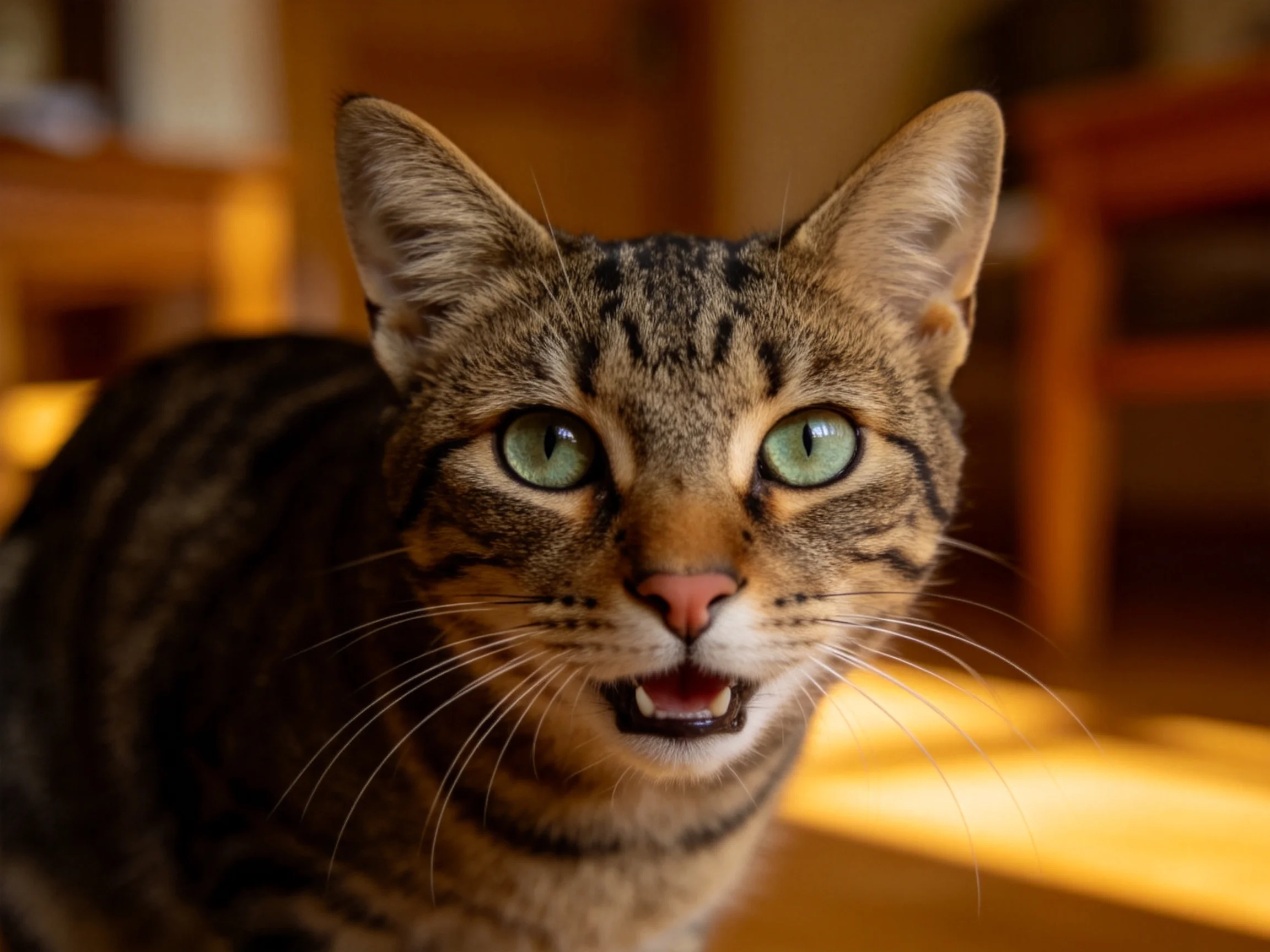 虎斑纹短毛家猫正面向镜头,展现出明亮的绿色眼睛和清晰的条纹毛发特征。
