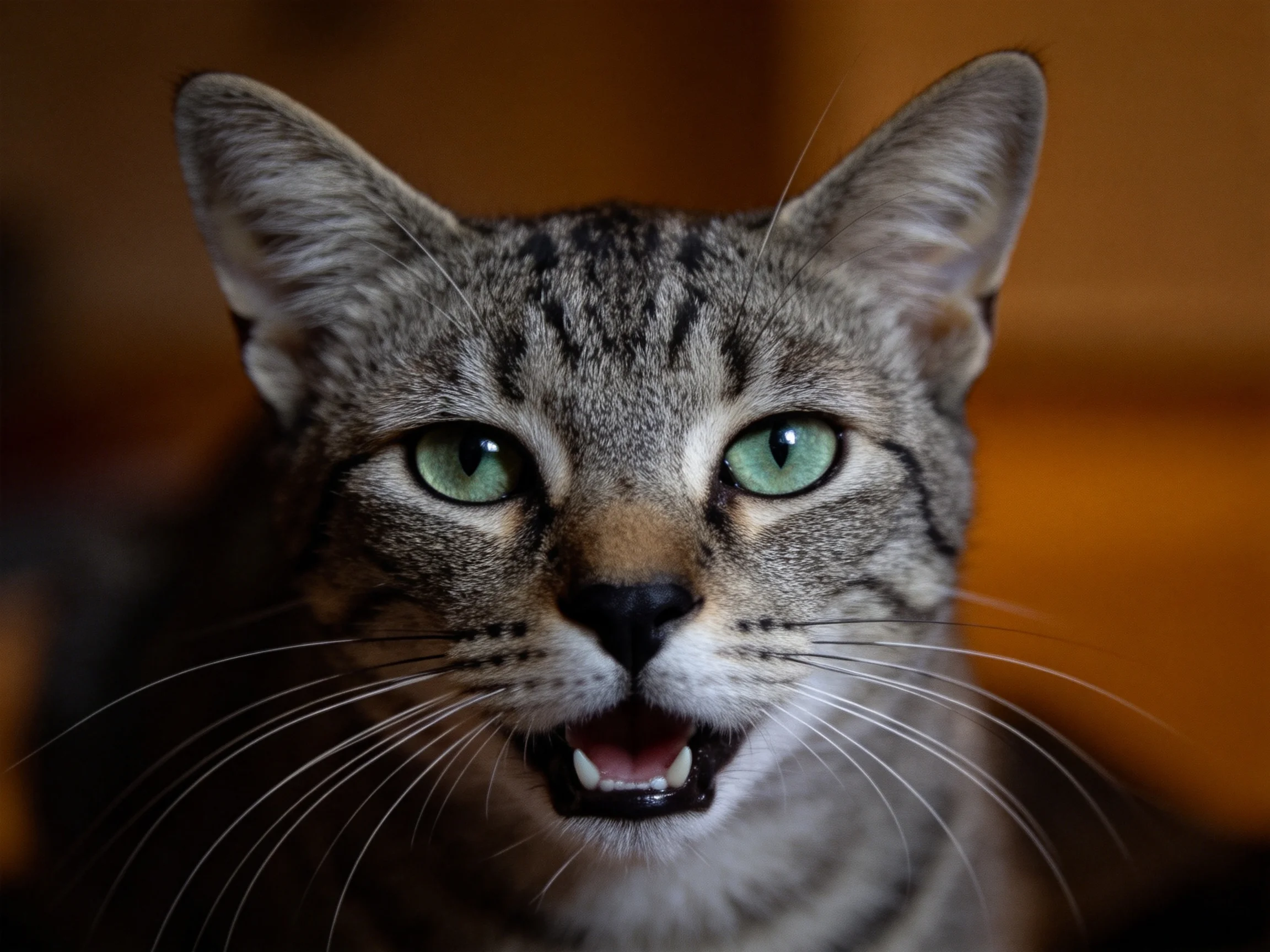 这是一只绿眼的短毛虎斑猫,面部有清晰条纹图案,嘴巴微微张开。