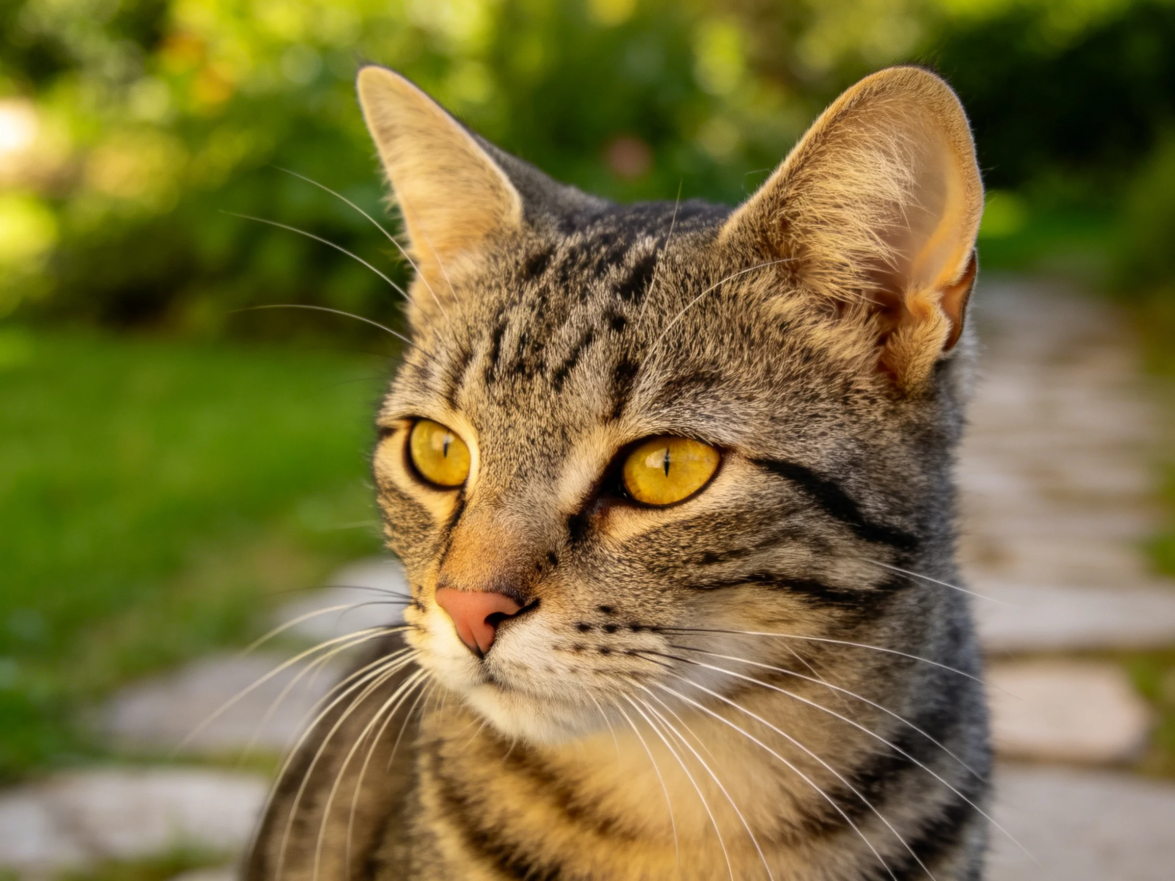 短毛虎斑猫有着明亮的金色眼睛和清晰的虎斑纹路,胡须修长。