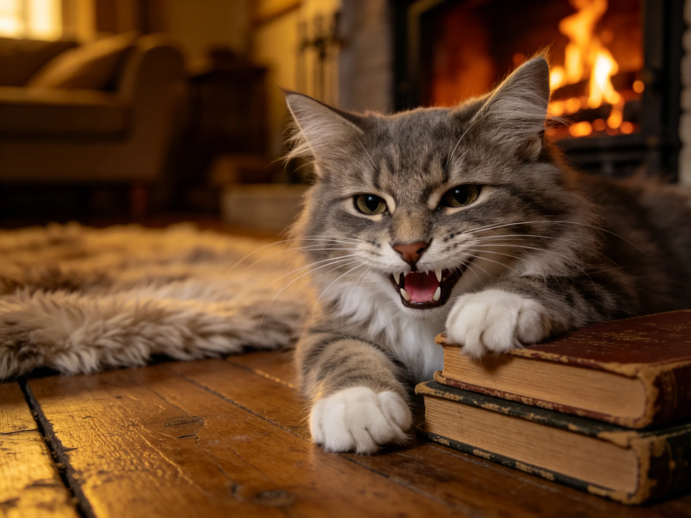 长毛虎斑猫趴在老书旁,白色爪掌搭在书本上,嘴巴微张露出牙齿。