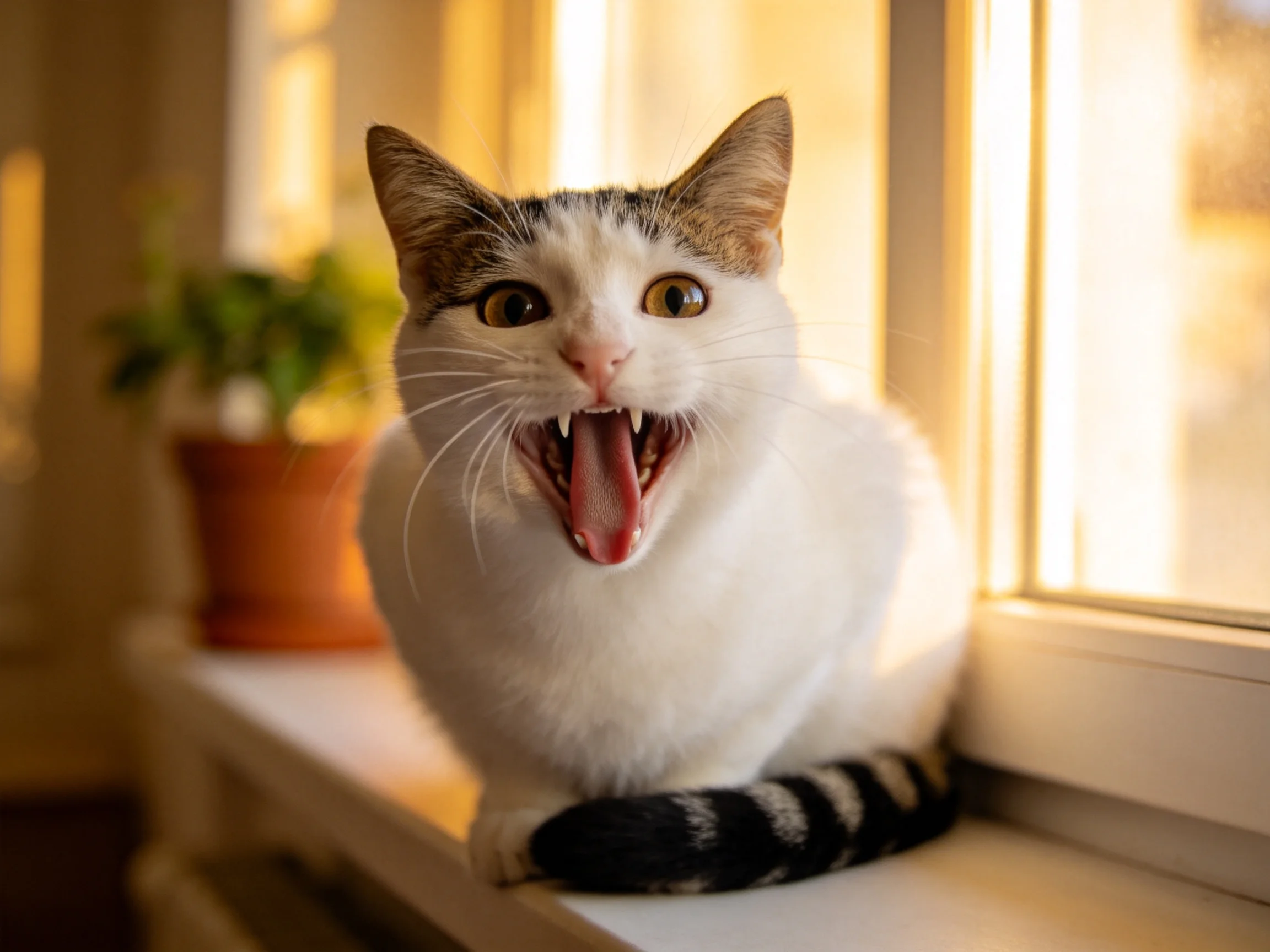 花色短毛猫坐在窗台上，嘴巴张开露出牙齿，白色的毛发在阳光下显得干净蓬松。