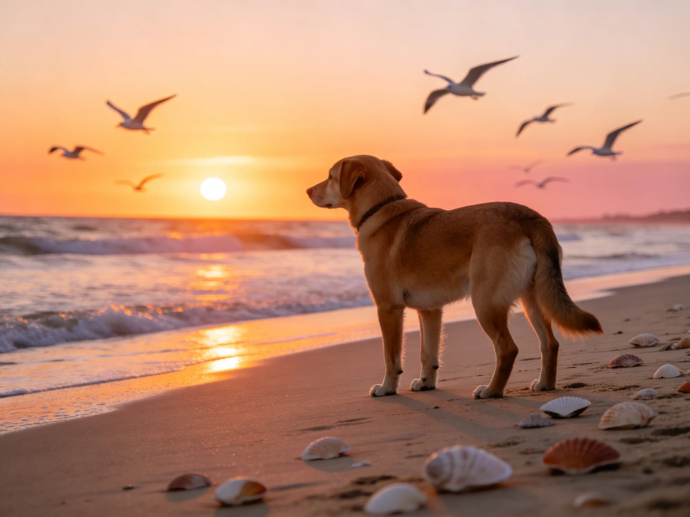 金毛寻回犬站在沙滩上,金黄皮毛在夕阳下显得蓬松柔软,目光注视着远方的海面。
