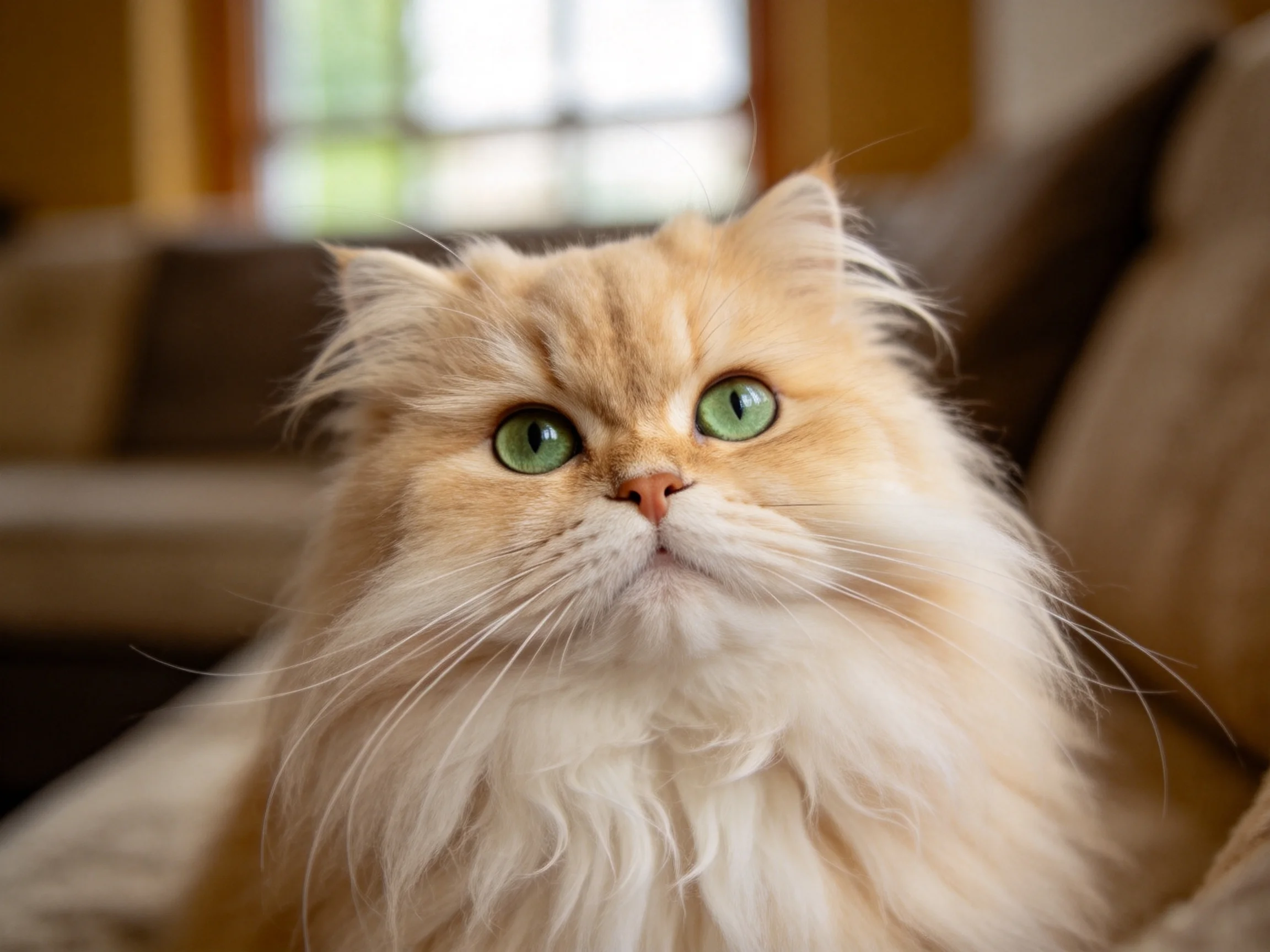 一只金渐层的波斯猫,拥有长长的浅金色毛发和明亮的绿色眼睛,安静地注视着前方。