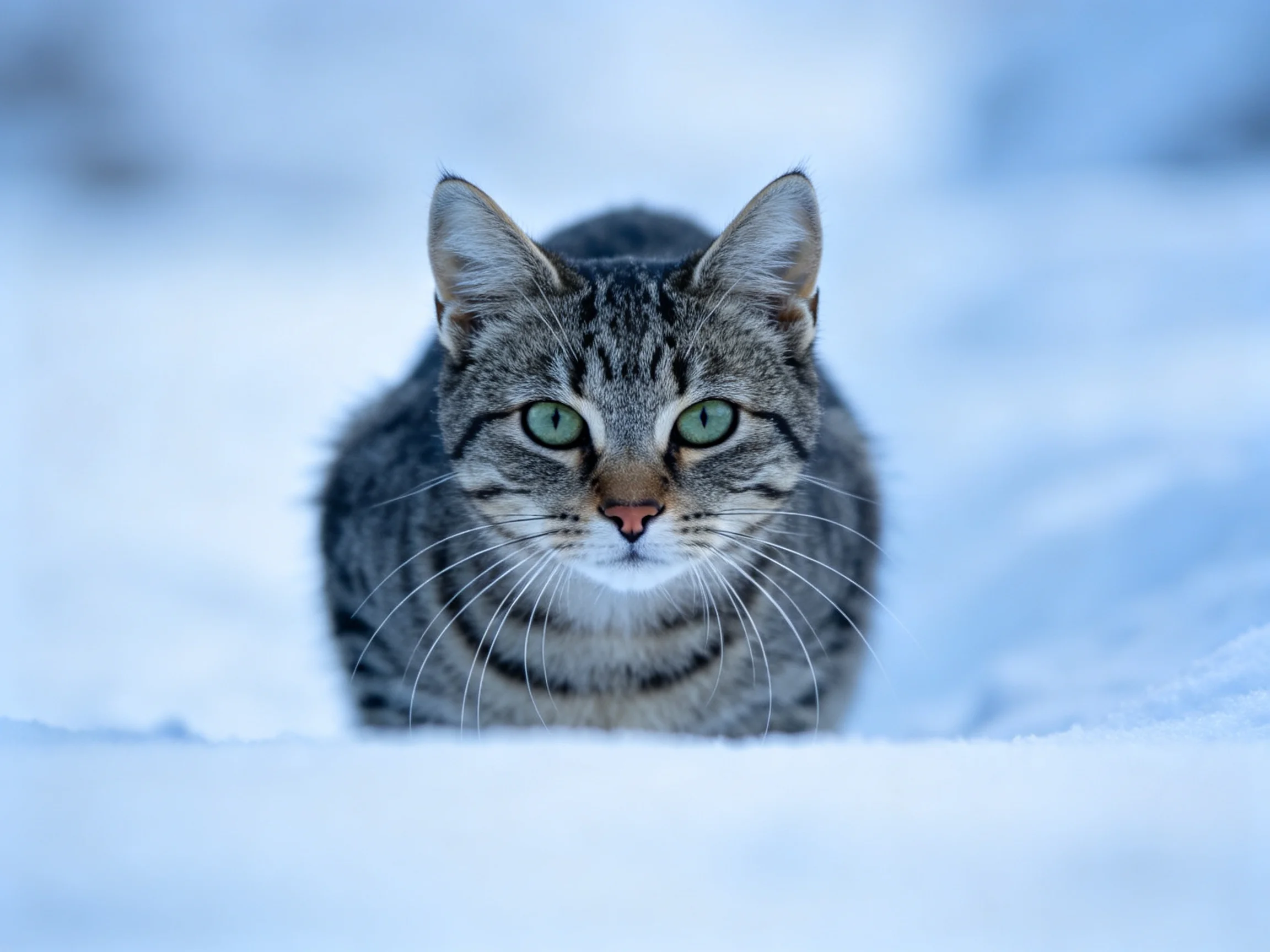 灰褐斑纹短毛猫有着明亮的绿色眼睛,毛发带有清晰的条纹图案,正安静地处于雪地之中。