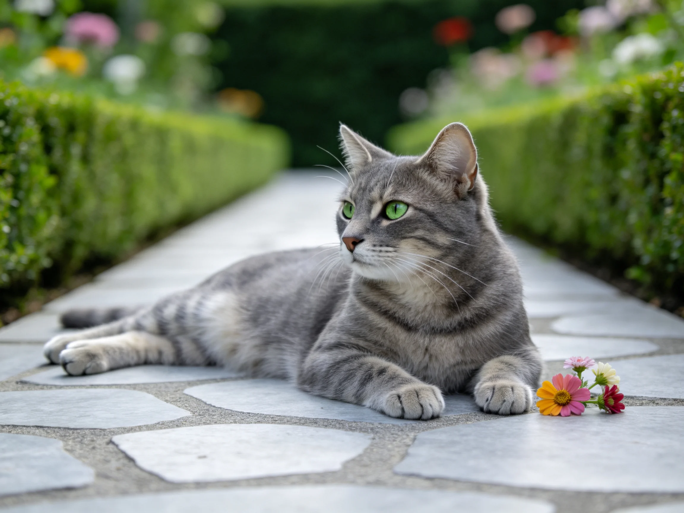 灰虎斑短毛猫趴在石板路上,绿眼睛明亮,身旁有几朵色彩丰富的小花。