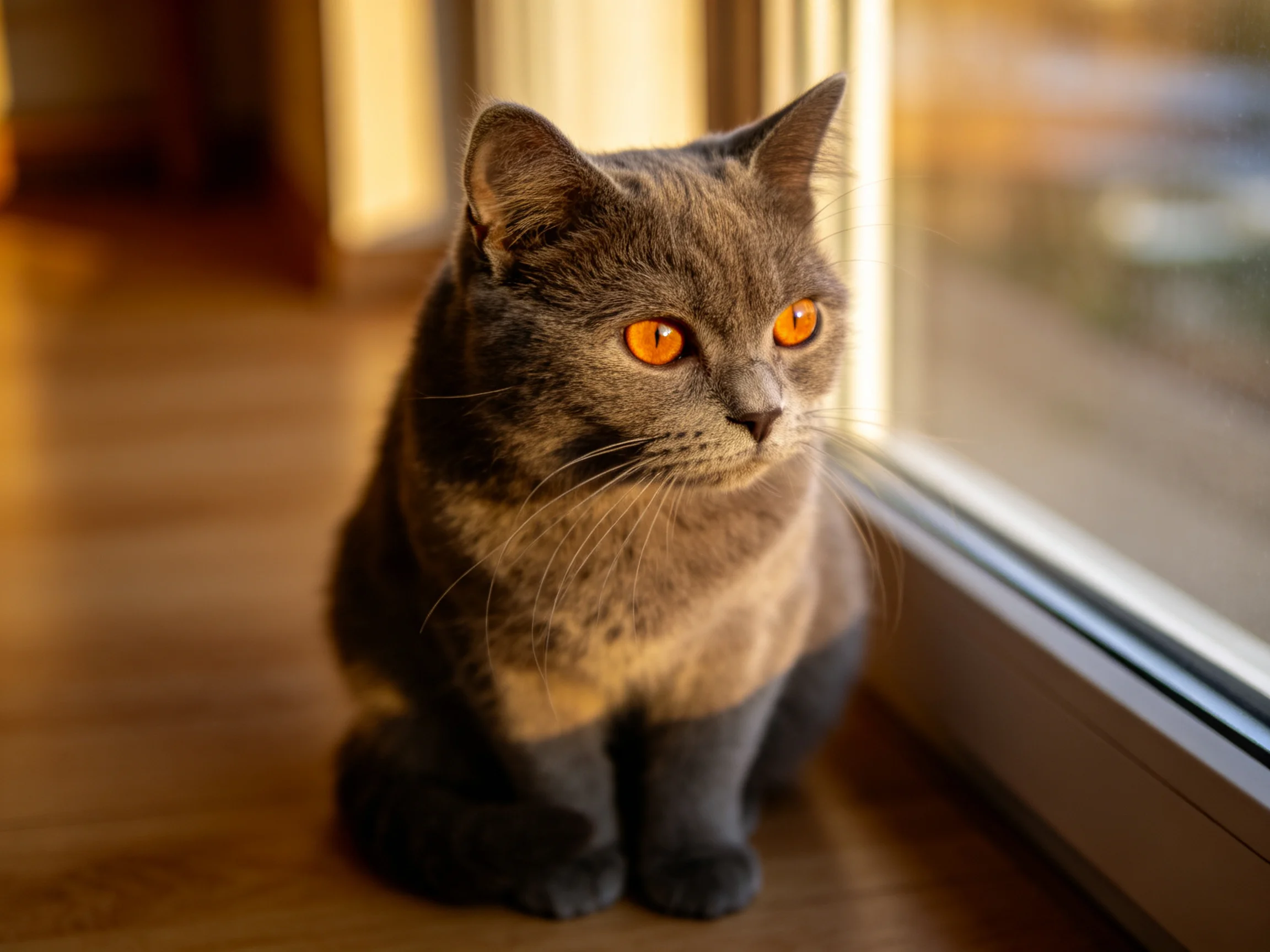 英国短毛猫有着浓密灰色的被毛和明亮的橙红色眼睛,安静地坐在窗边位置。