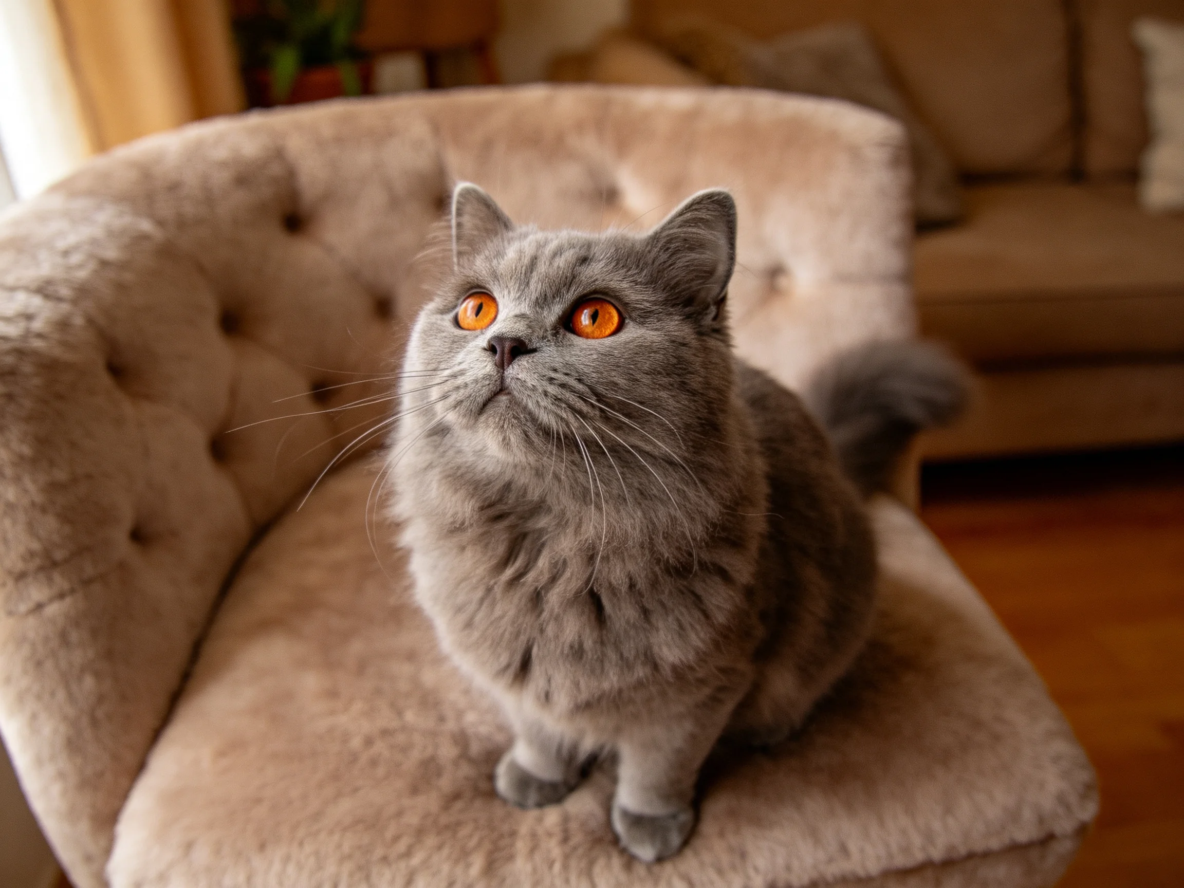 一只英国短毛猫有着浓密的灰色被毛和明亮的橙黄色眼睛,正坐在绒面的浅棕色扶手椅上观察周围环境。