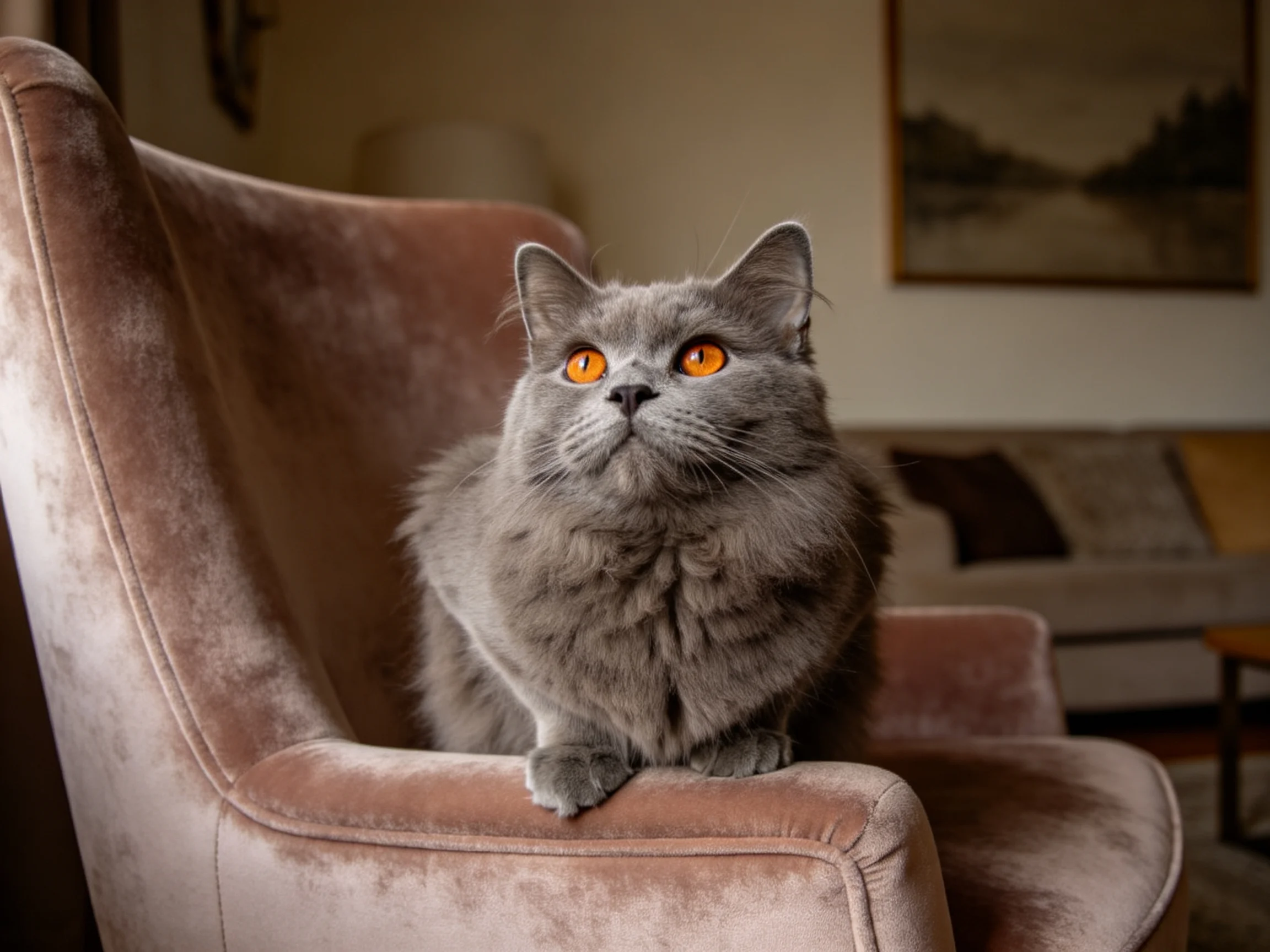 一只英国短毛猫有着浓密的灰色被毛和明亮的橙色眼睛,正安静地坐在粉色绒面扶手椅的扶手上。