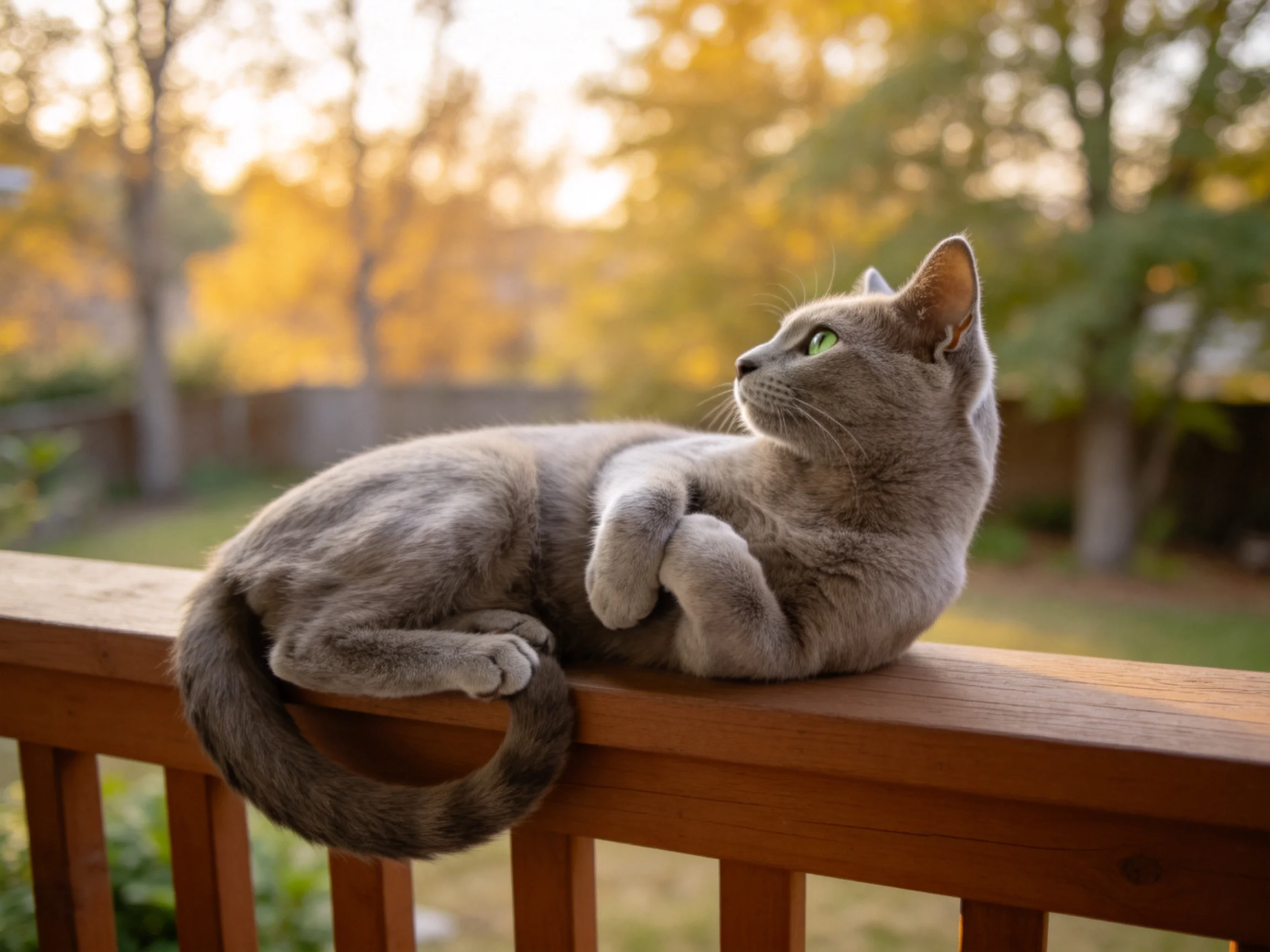 画面中是一只俄罗斯蓝猫,它有着浓密的灰色被毛和明亮的绿色眼睛,正趴在木质栏杆上观察远处的景象。